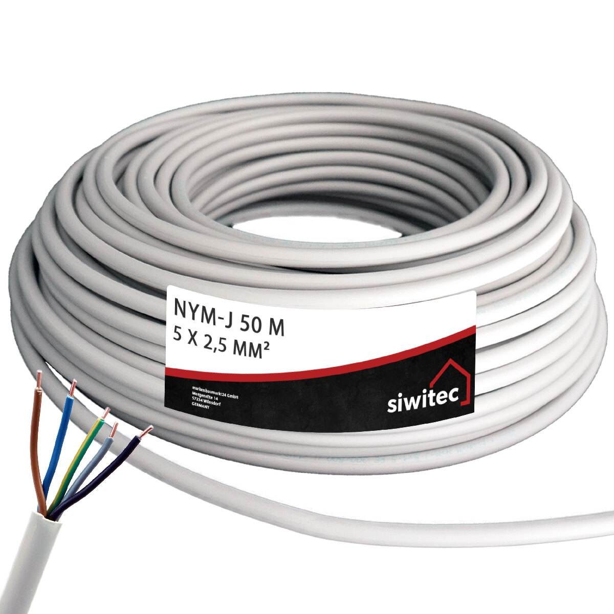 siwitec NYM-Kabel, 3x1,5, 3x2,5, 5x1,5, 5x2,5, 50m, 100m (2x50m Ring) Stromkabel, NYY-Kabel, (5000 cm), Universell einsetzbar, 5-adrig, Polyvinylchlorid, Made in Germany