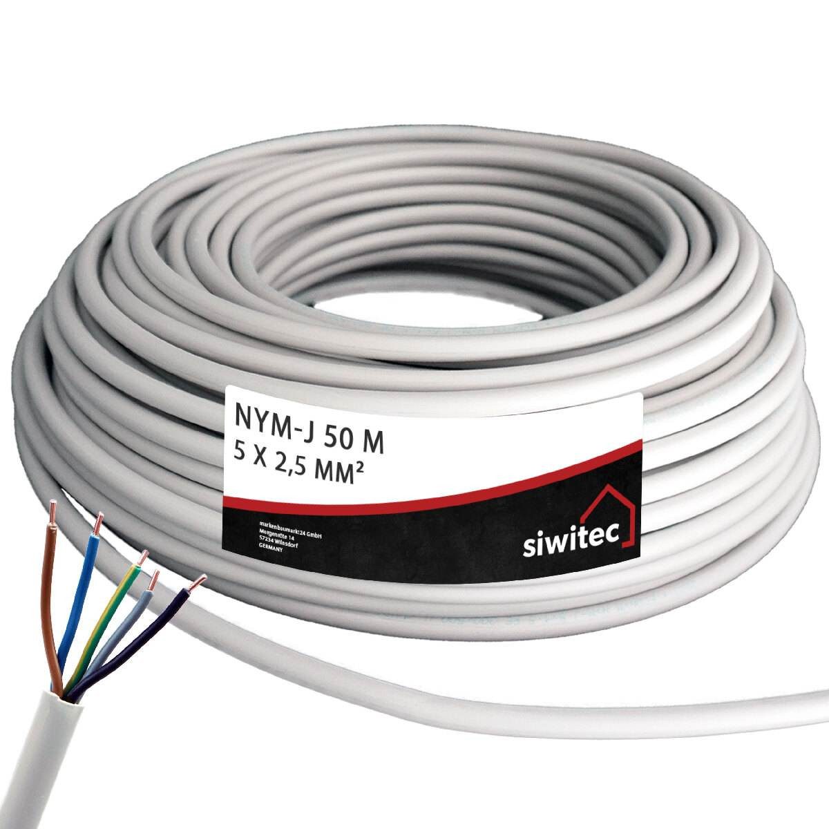 siwitec Kabel, J 5 x 2,5 mm2, 50 m Kabelring, Installationskabel, Mantelleitun Stromkabel, NYY-Kabel, (5000 cm)
