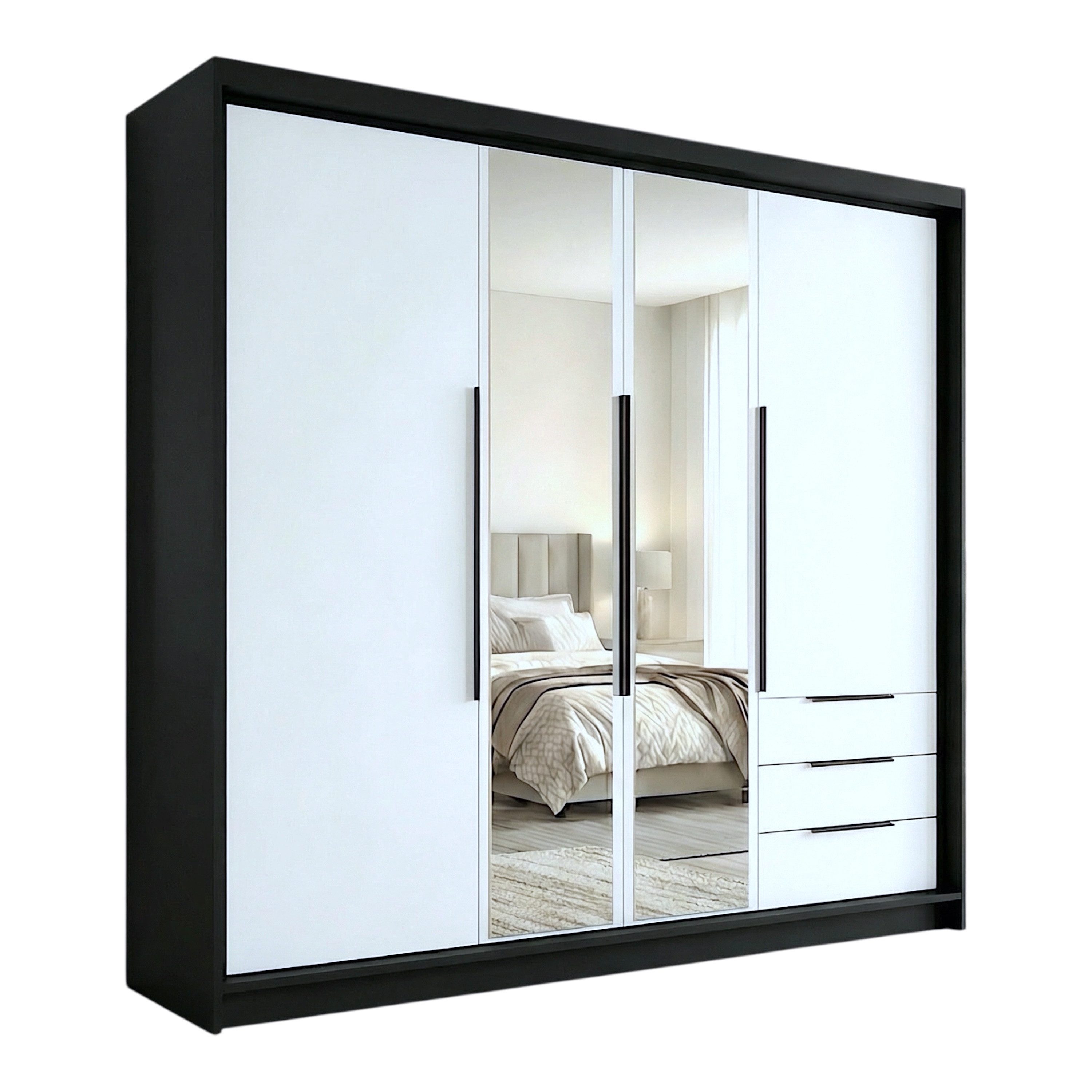 A&J MöbelLand GmbH Drehtürenschrank VIVO mit integrierten Schubladen (Geräumiger vier¬türiger Kleiderschrank mit Schubladen und Metallgriffen. Geräumiger Schrank mit einer Breite von 200 cm und Schubladen, ideal zur Aufbewahrung von Kleidung und Accessoir