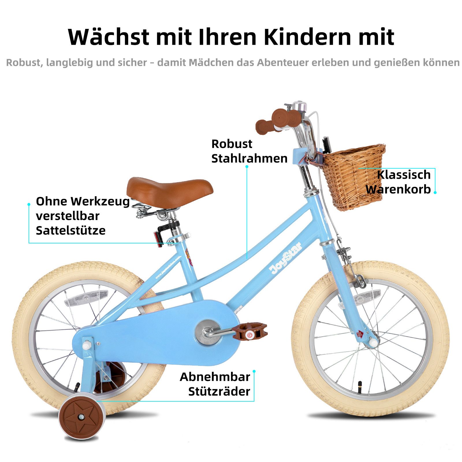 JOYSTAR Kinderfahrrad 12/14/16/18/20 Mädchenfahrrad für 2-13 Jahre alte Kinder, 12" 14" 16" Kinderfahrrad mit Stützrädern & Korb, 20 Zoll mit Ständer