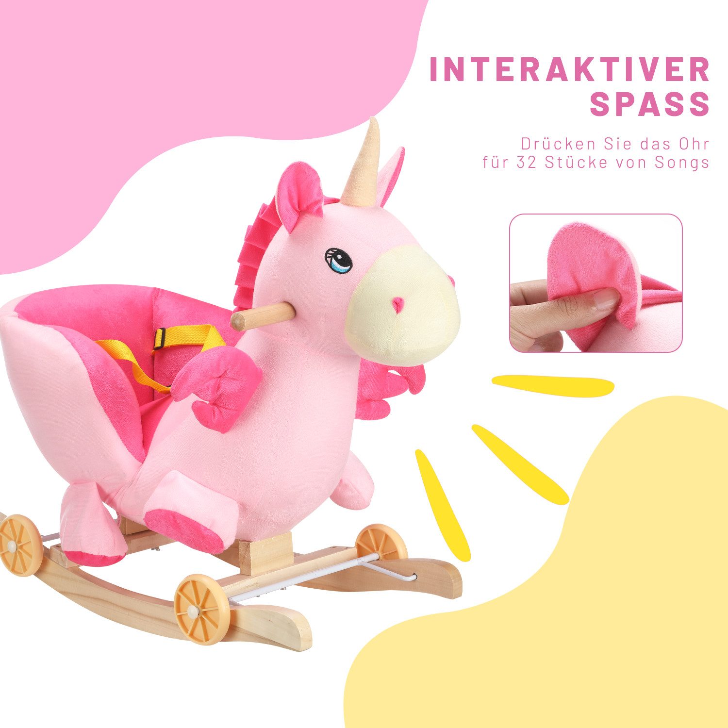oyajia Schaukeltier 2-IN-1 Schaukelpferd mit Räder Plüsch Babyschaukel Spielzeug, Schaukeltier Schaukel Einhorn Kinder Baby Spielzeug, mit Musik