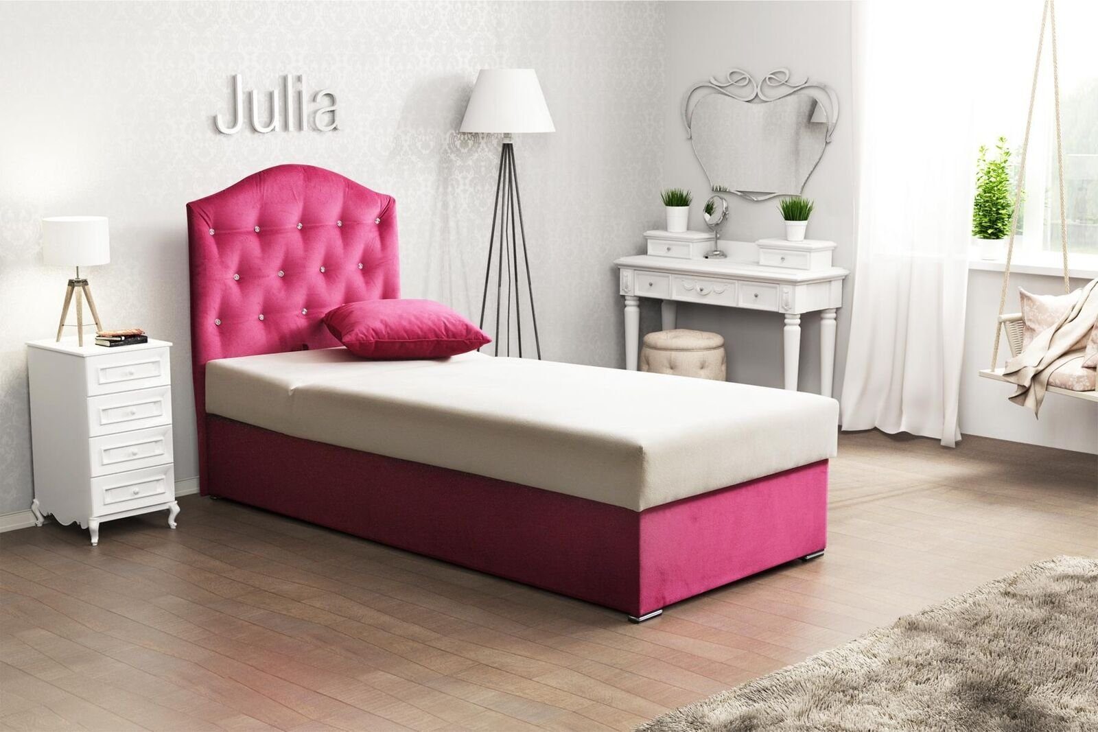 JVmoebel Bett Textil Betten Luxus Design Rahmen Chesterfield Einzelbett (Einzelbett) Rosa