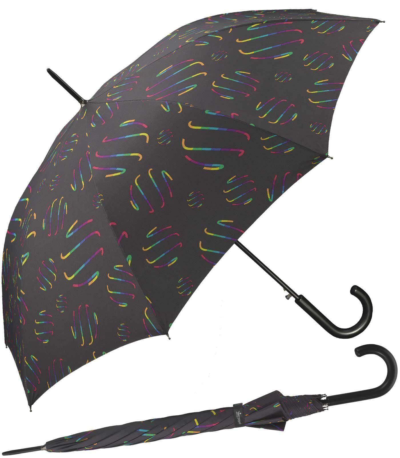 HAPPY RAIN Langregenschirm großer Damen-Regenschirm mit Auf-Automatik, verspielte Regenbogen-Wirbel auf dunklem Grund