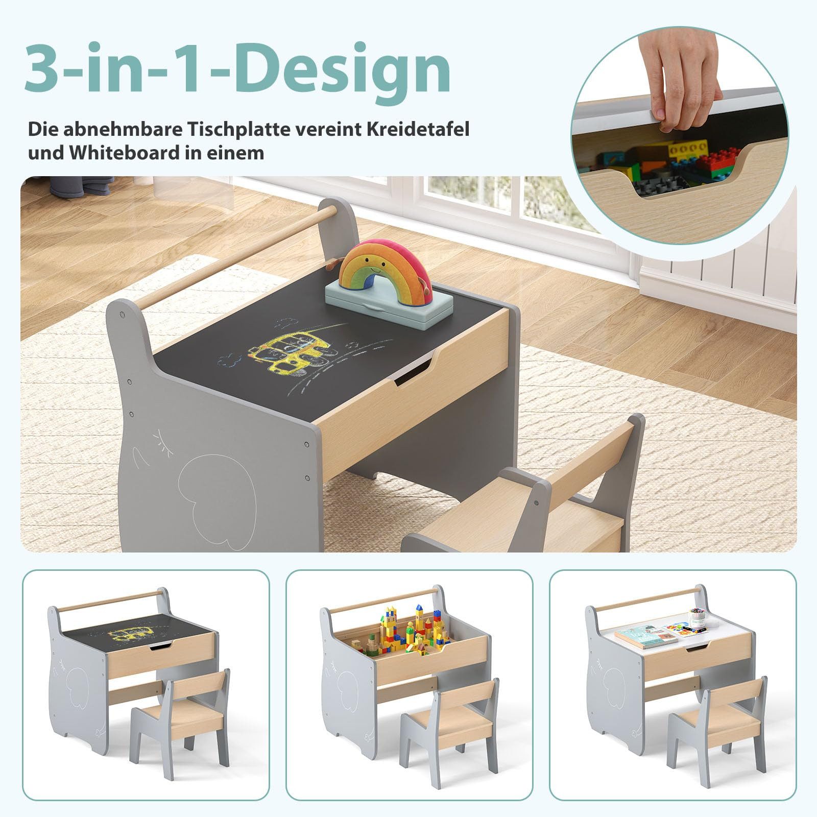COSTWAY Kindersitzgruppe, 2 in 1 Kinder Aktivitätstisch und Stuhl, Holz günstig online kaufen