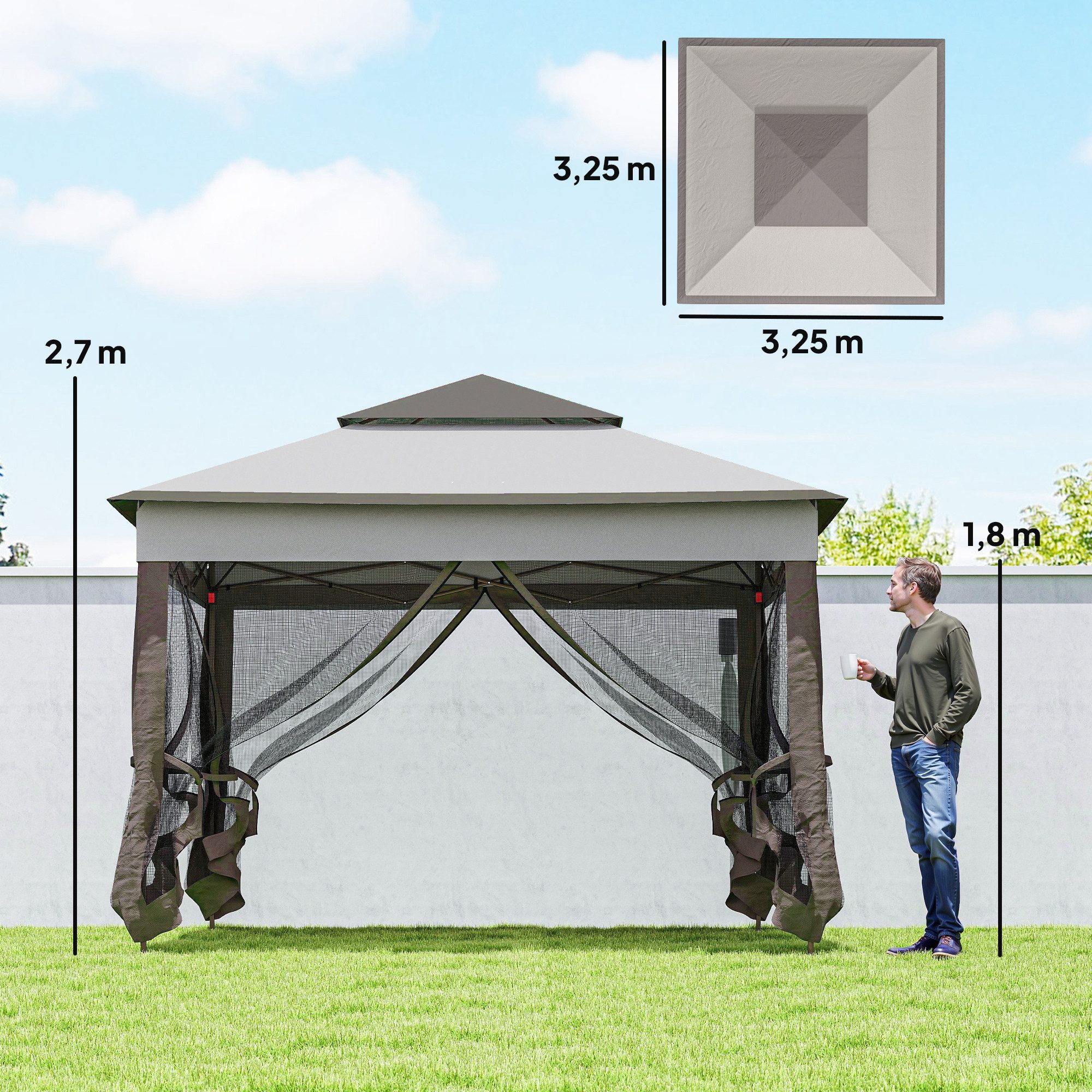 Outsunny Faltpavillon Gartenzelt mit Seitenwänden Pop-up-Zelt mit Transporttasche, mit 4 Seitenteilen, (Gartenpavillon, Pavillon), Hellgrau 3,25 x 3,25 x 2,7 m