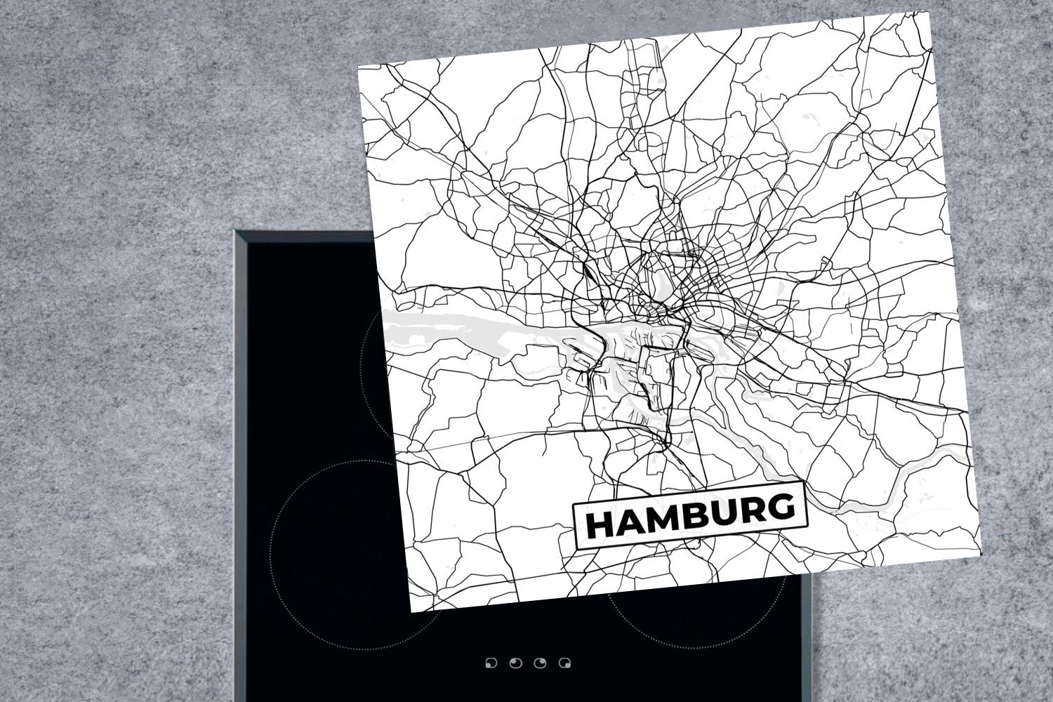 Hamburg Karte Stadtplan, 78x78 cm, Ceranfeldabdeckung, - tlg), für küche - Arbeitsplatte MuchoWow Herdblende-/Abdeckplatte (1 Vinyl,