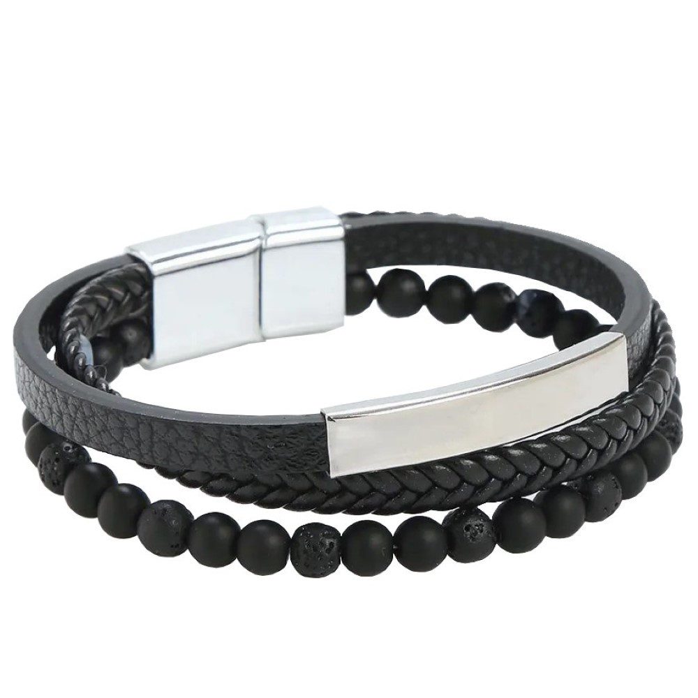 Armband Herren Armband 3 Strang, Lavasteinperlen, Leder mit Magnetverschluss