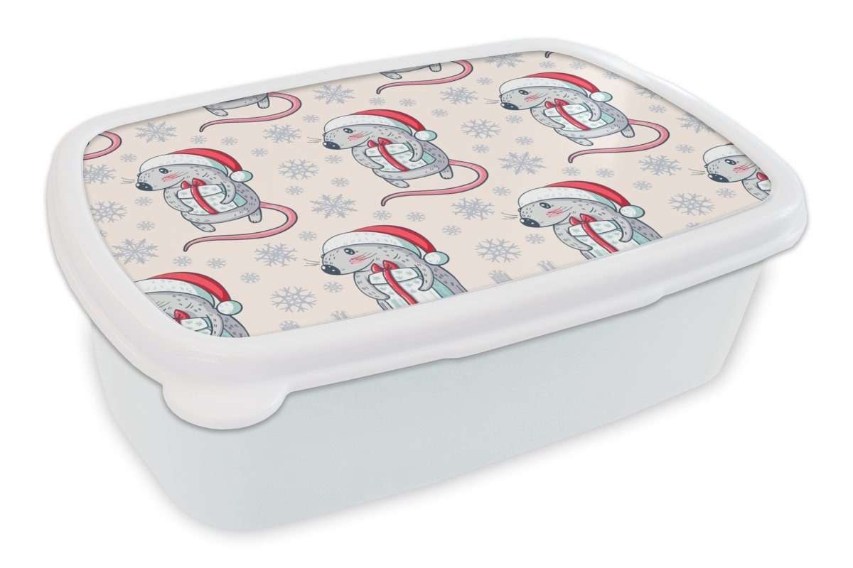 MuchoWow Lunchbox Ratte - Weihnachtsgeschenk - Kinder - Weihnachten - Muster, Kunststoff, (2-tlg), Brotbox für Kinder und Erwachsene, Brotdose, für Jungs und Mädchen weiß