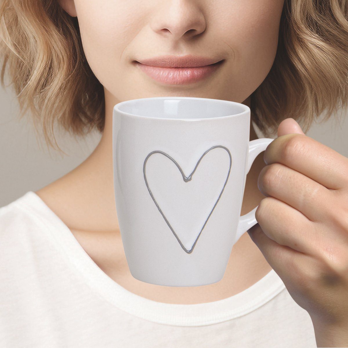 matches21 HOME & HOBBY Tasse Schöne Kaffeetassen 36er Set einfarbig mit Herzen Landhaus-Stil, 36-tlg., Keramik, Tee Kaffee-Becher modern grau beige weiss 250 ml