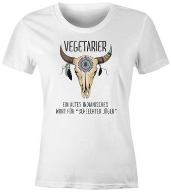 MoonWorks Print-Shirt Damen T-Shirt Spruch lustig Vegetarier ein altes indianisches Sprichwort für schlechter Jäger Motiv Büffelschädel Frauen Fun-Shirt Moonworks® mit Print