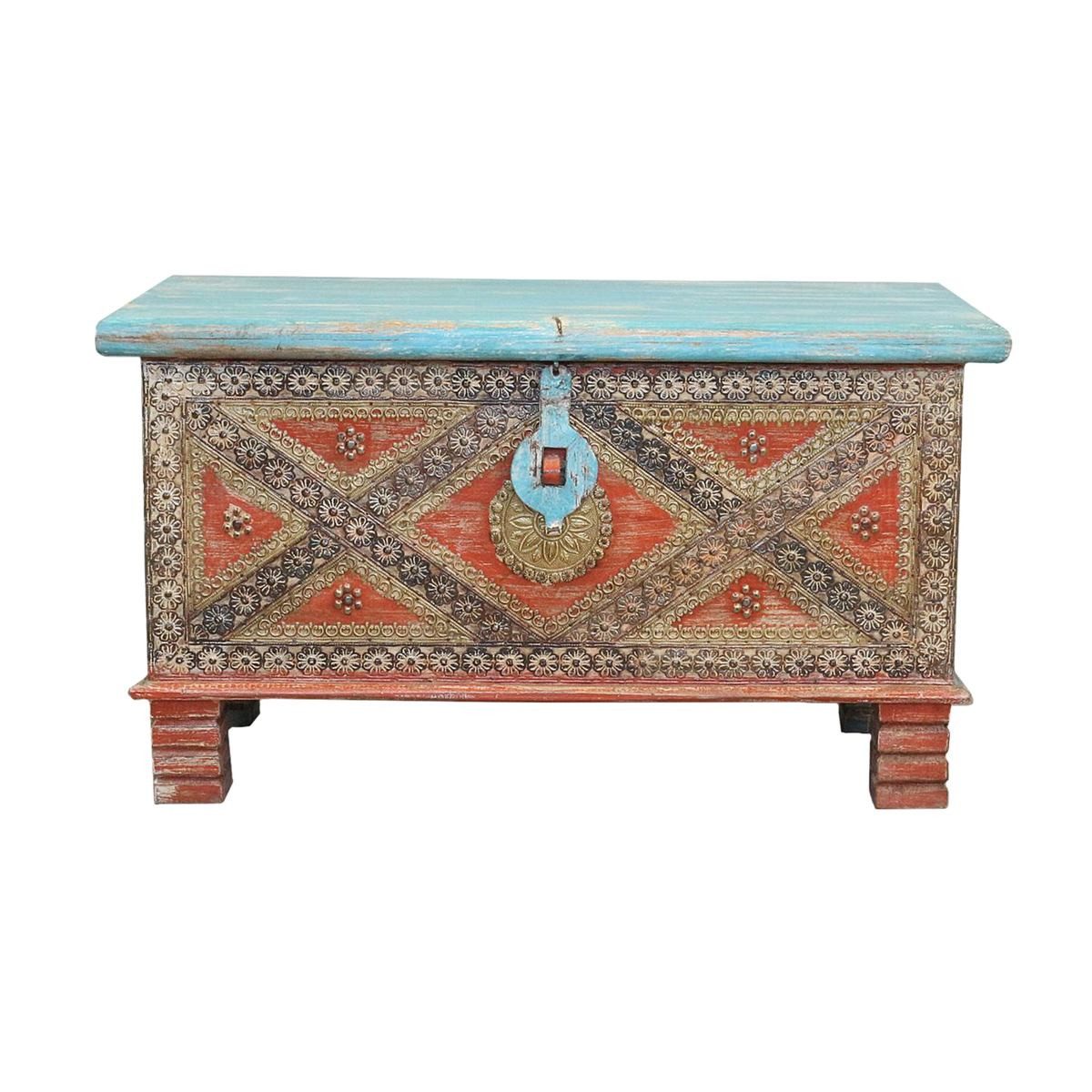Truhe Indische Truhe Türkis Rot 80 cm