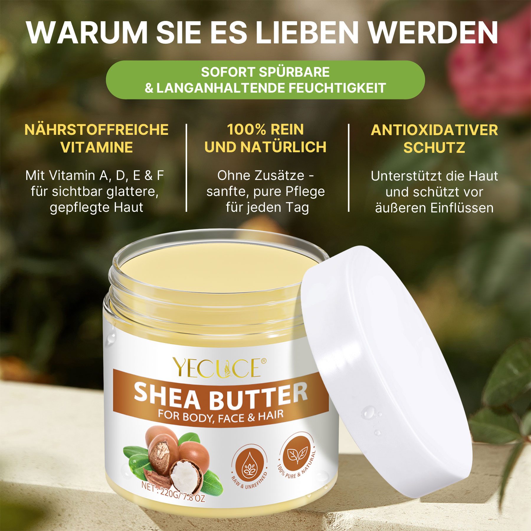 ALIVER Körpercreme Shea Butter Körperbutter 100% Rein Naturbelassen Gesicht Hautpflege, 1-tlg., Hautpflege, Tagescreme, Haarpflege, Gesichtscreme