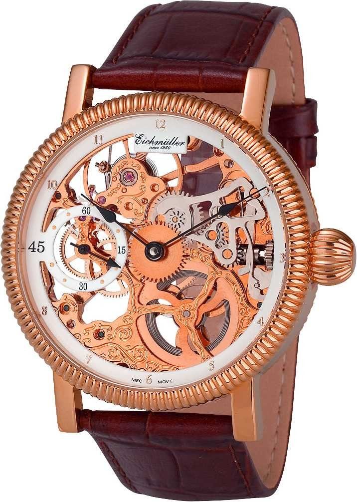 Eichmüller Mechanische Uhr Herren-Skelettuhr – Handaufzug, 44 mm Gehäuse, 8218-06, Roségold-Design mit braunem Lederarmband