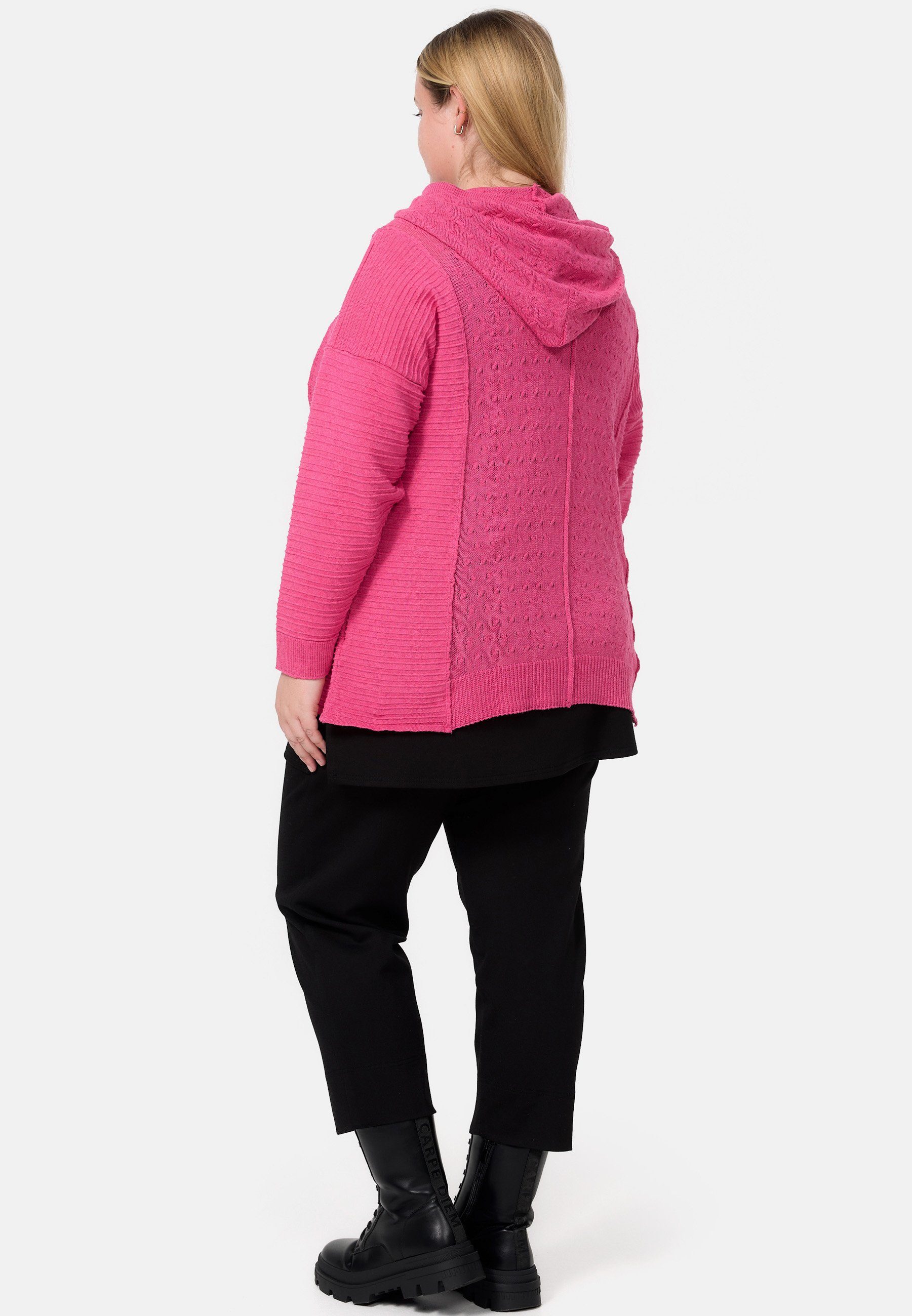 'Pure' aus Kapuze Strickpulli 100% Feinstrick mit Pink Strickpullover Baumwolle Kekoo weichem