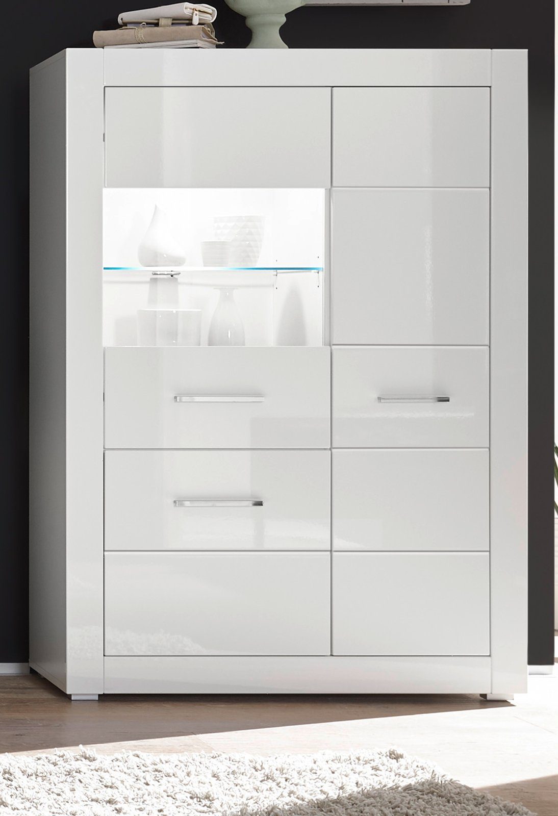 Furn.Design Wohnwand Carrara, mit weiß Breite cm), 4-teilig, verchromten (Wohnkombination in Hochglanz, Metallgriffen 330