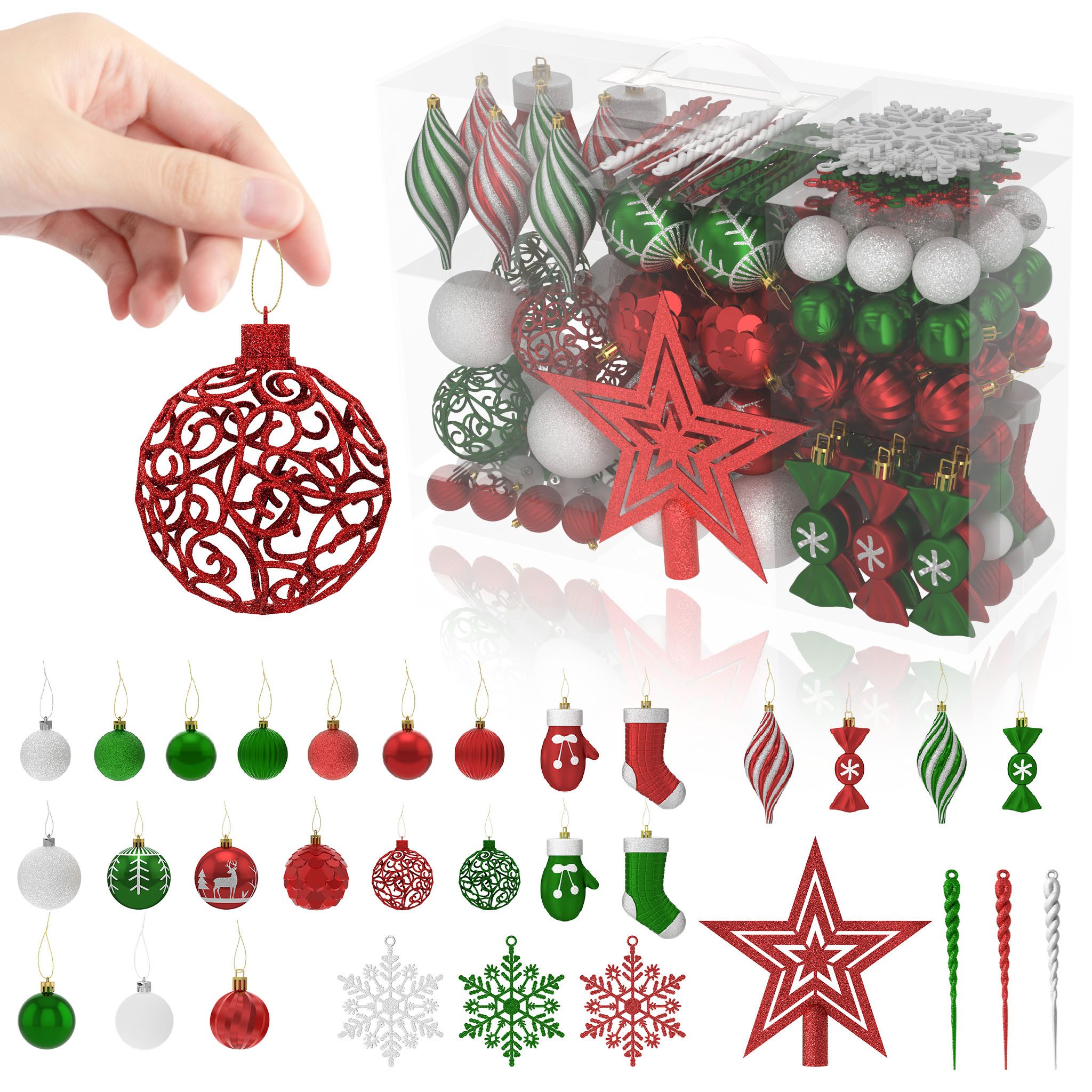 FIVMEN Weihnachtsbaumkugel Weihnachtskugeln Kunststoff 138 Stück mit Stern Spitze, Mehrere Farboptionen Christbaumschmuck