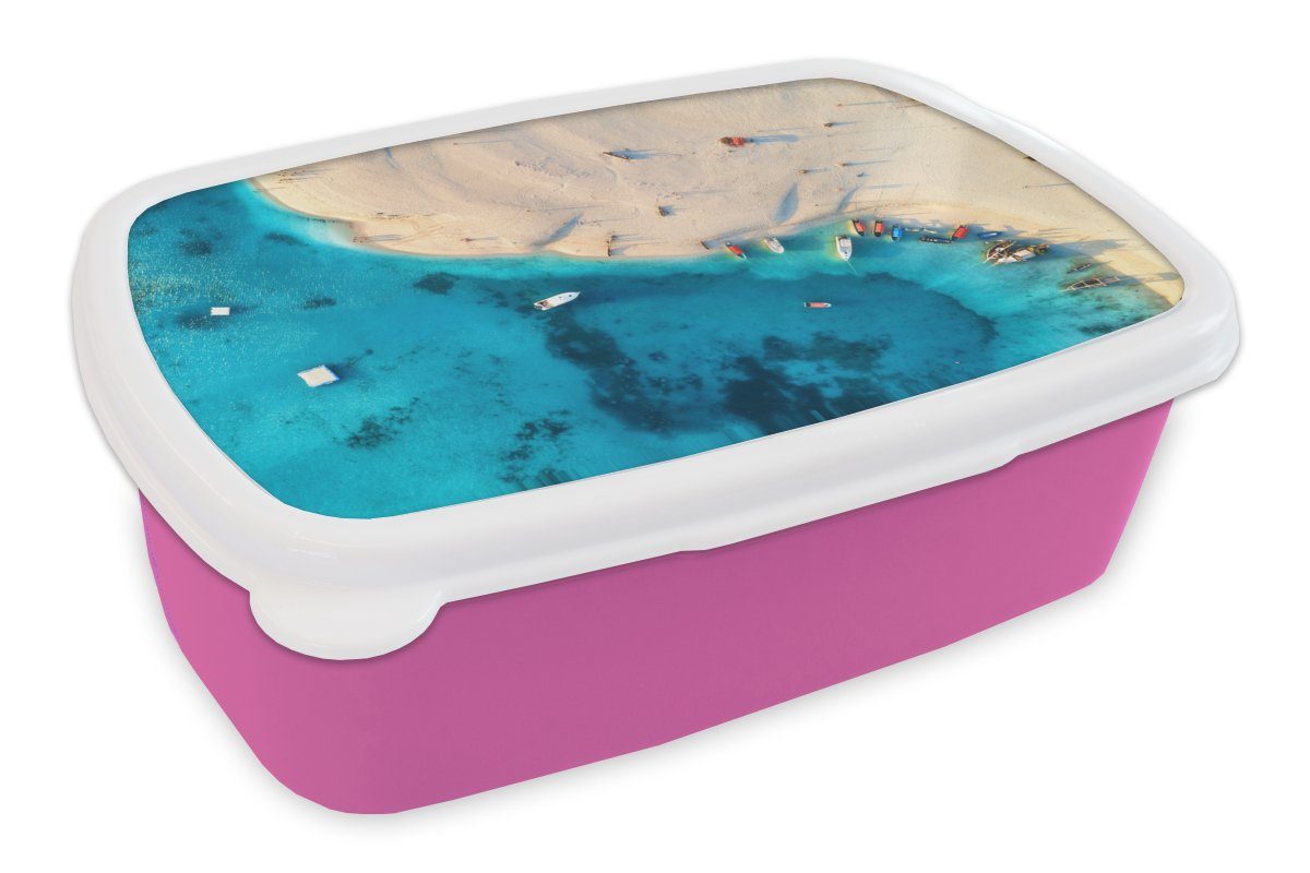 MuchoWow Lunchbox Strand - Boot - Meer, Kunststoff, (2-tlg), Brotbox für Erwachsene, Brotdose Kinder, Snackbox, Mädchen, Kunststoff rosa