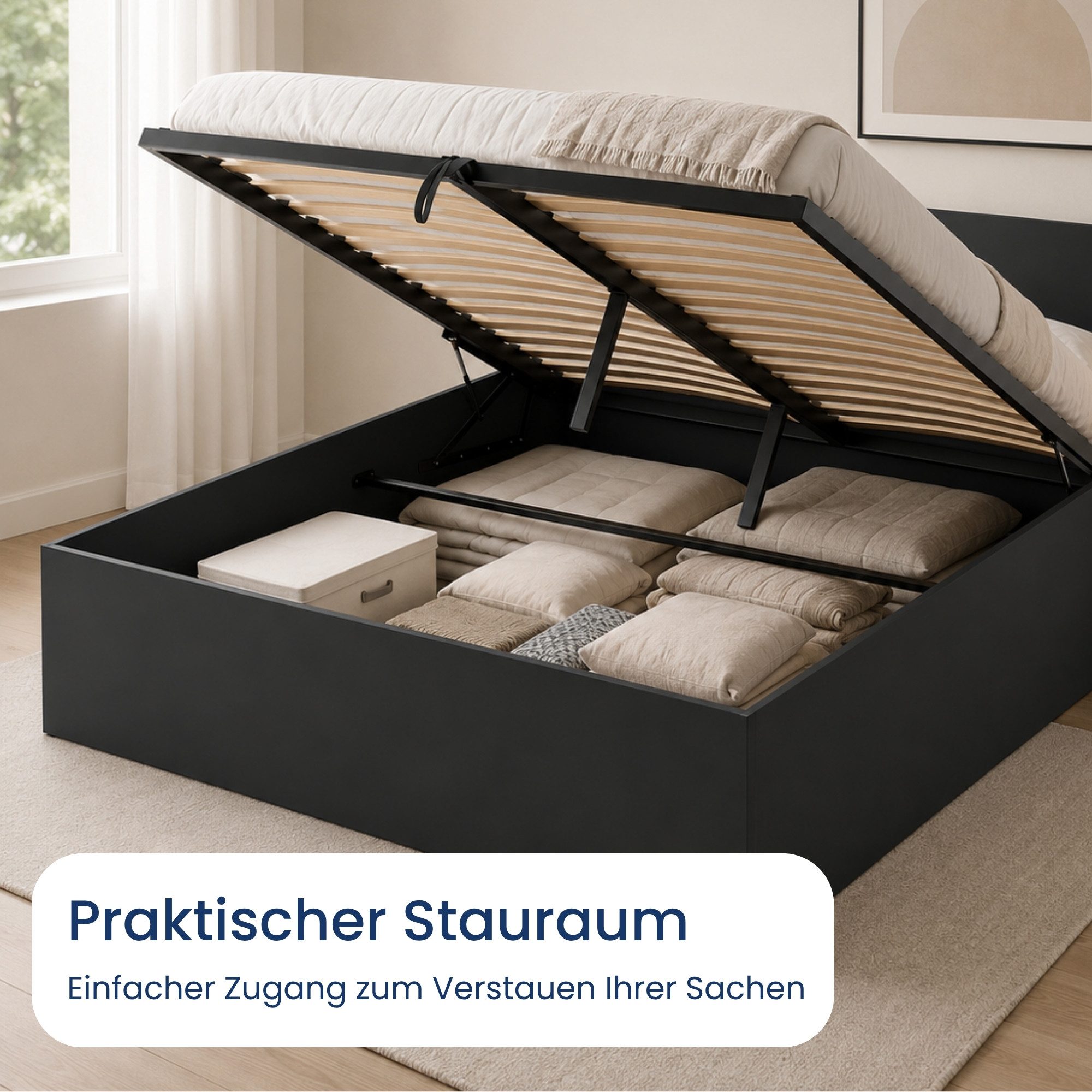 Home Collective Bett Doppelbett Bettgestell mit Lattenrost und Stauraum Stauraumbett (Größen: 90x200, 120x200, 140x200, 160x200, 180x200 cm), inkl. flexiblem La – Bild 4 von 5