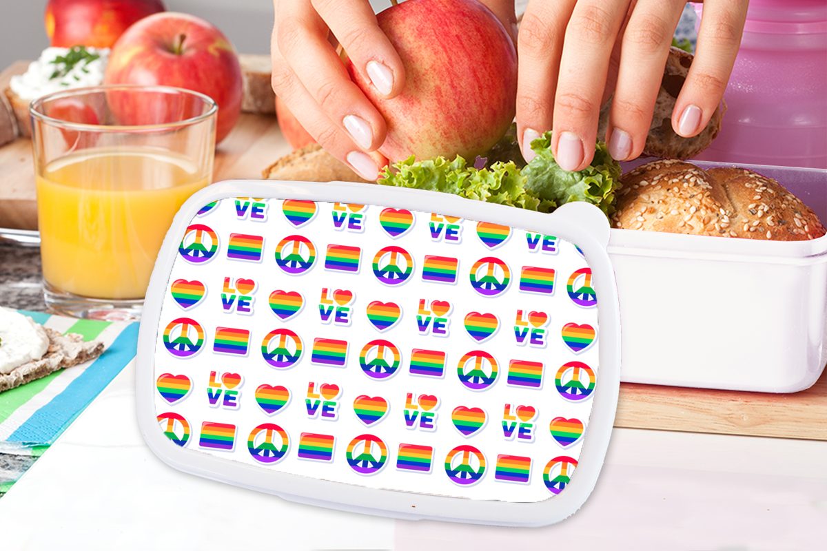 Liebe, Stolz Kunststoff, und (2-tlg), und weiß Kinder MuchoWow Mädchen Brotbox für für Brotdose, Erwachsene, - Regenbogen - Jungs Lunchbox