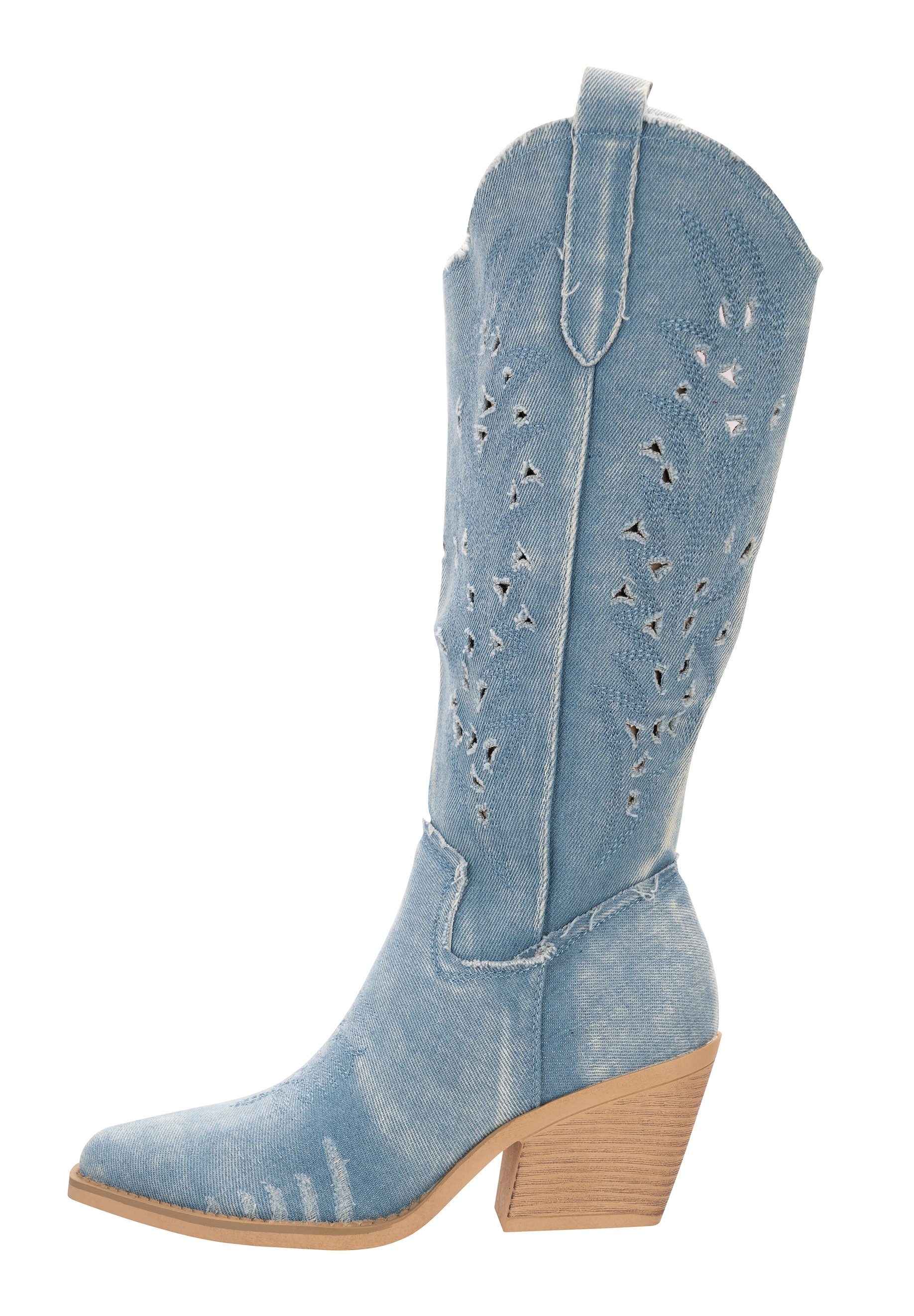 Salinyang Cowboystiefel Damen Denimlook Stiefel mit Stickerei und Blockabsatz Cowboystiefel