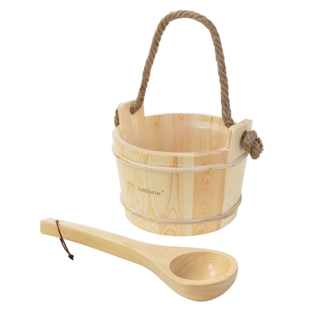 LuxeBath Sauna-Aufgussset 2-teilig Saunazubehör-Set aus massivem Kiefernholz, Sauna Set Zubehör 4L Aufgusskübel mit Seilgriff & Schöpfkelle Saunaeimer Wassereimer