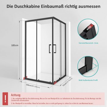 Boromal Eckdusche Duschkabine 75x100 Schiebetür Eckeinstieg Duschwand Dusche 5mm ESG 185, BxT: 75x100 cm, Einfaches Rollen Befestigungssystem