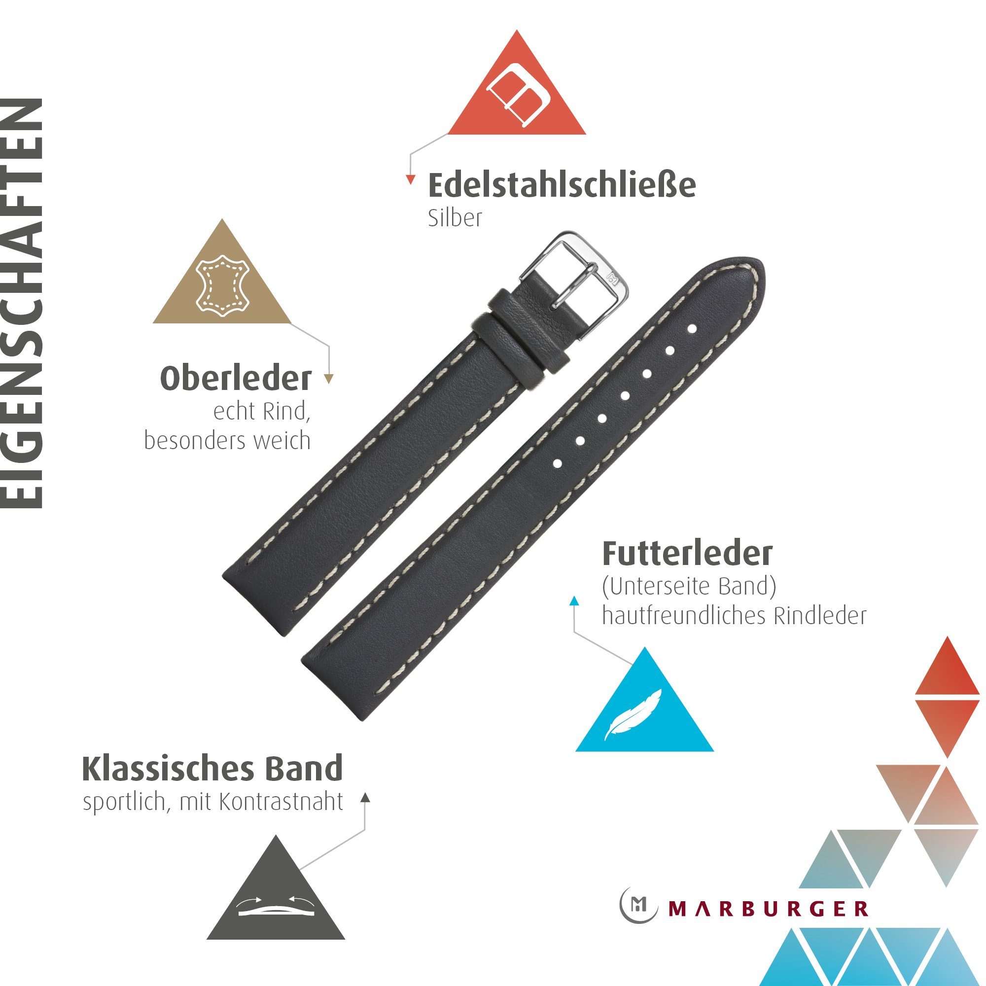 MARBURGER Uhrenarmband 22mm Leder XL Extra Lang