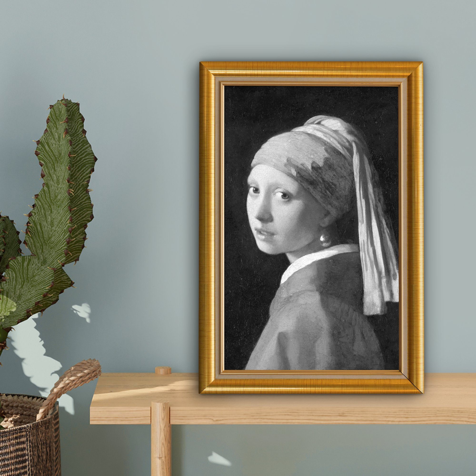 Gold, Zackenaufhänger, cm fertig Perlenohrring Mädchen Leinwandbild - Gemälde, - Vermeer - inkl. Leinwandbild mit Liste 20x30 St), OneMillionCanvasses® einem (1 bespannt