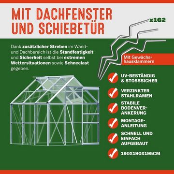 Gardebruk Gewächshaus, Aluminium 3,6m² 190x190cm inkl. Dachfenster Treibhaus Gartenhaus