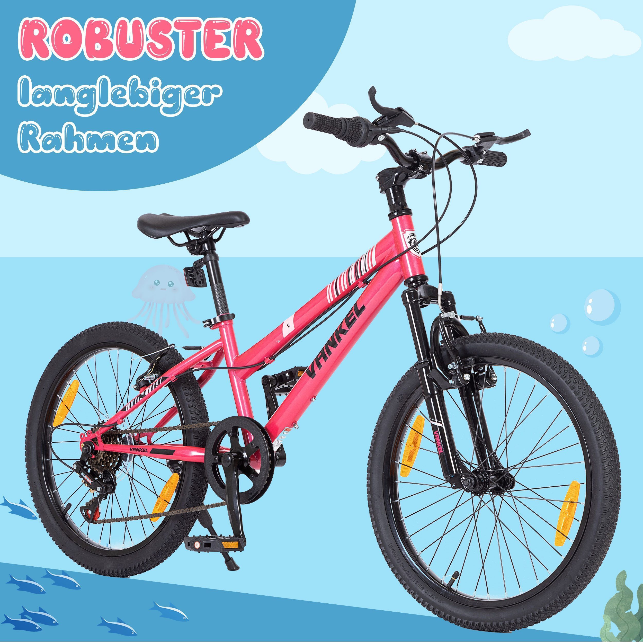 Vankel Kinderfahrrad 20 Zoll, Mountainbike, Jungen Mädchen, 6 Gang, Kettenschaltung, 20 Zoll, für6-10 Jahre, mit Hochwertige V-Bremse