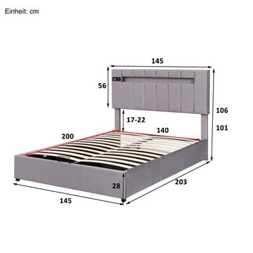 SOFTWEARY Polsterbett (Doppelbett mit Lattenrost, Bettkasten, LED-Beleuchtung, 140x200 cm, Bluetooth Lautsprecher, 2 USB Anschlüsse), gepolsterter Kopfteil höhenverstellbar, Bezug aus Samt