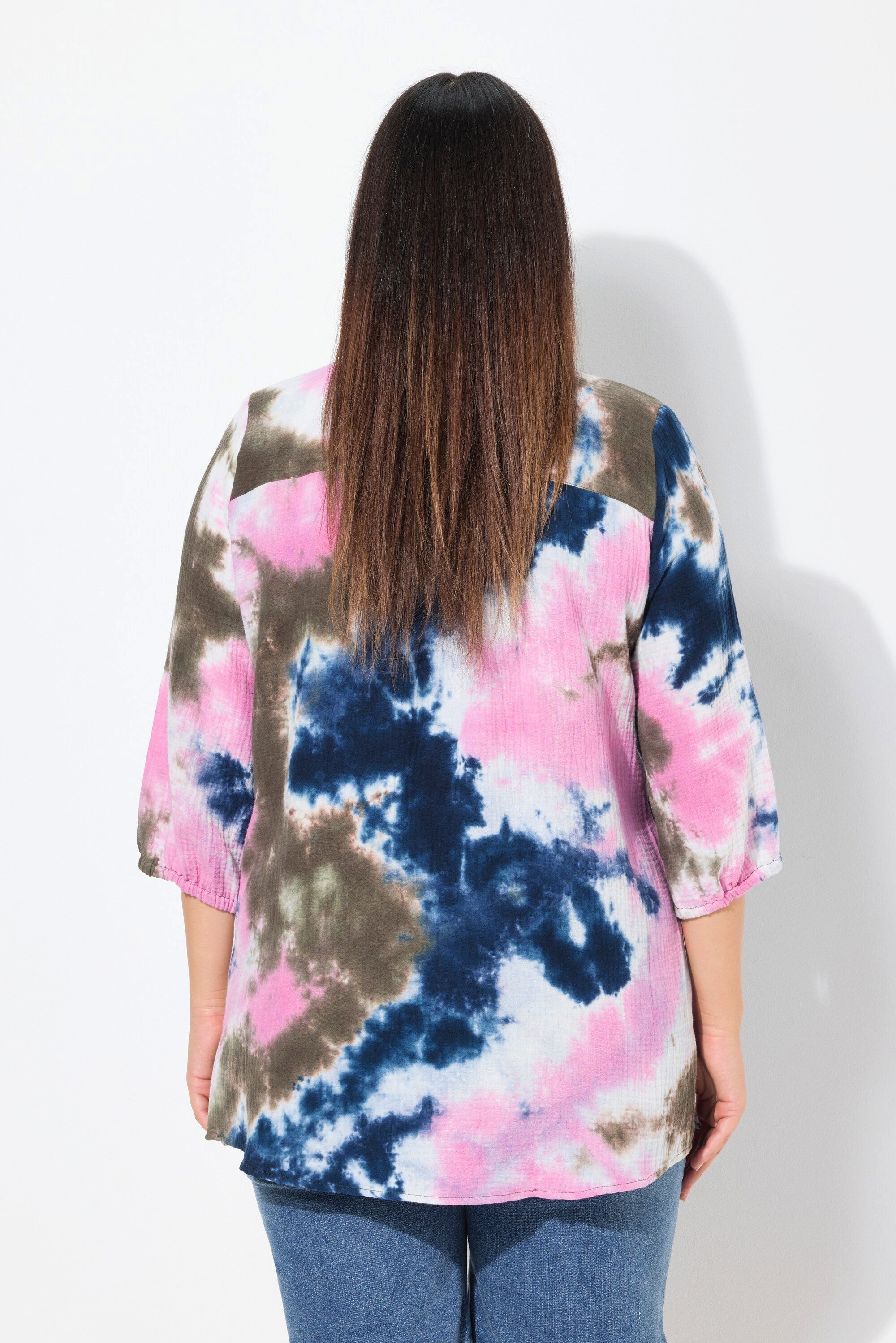 Ulla Popken Longbluse Musselin-Bluse Batikdruck Hemdkragen 3/4-Arm