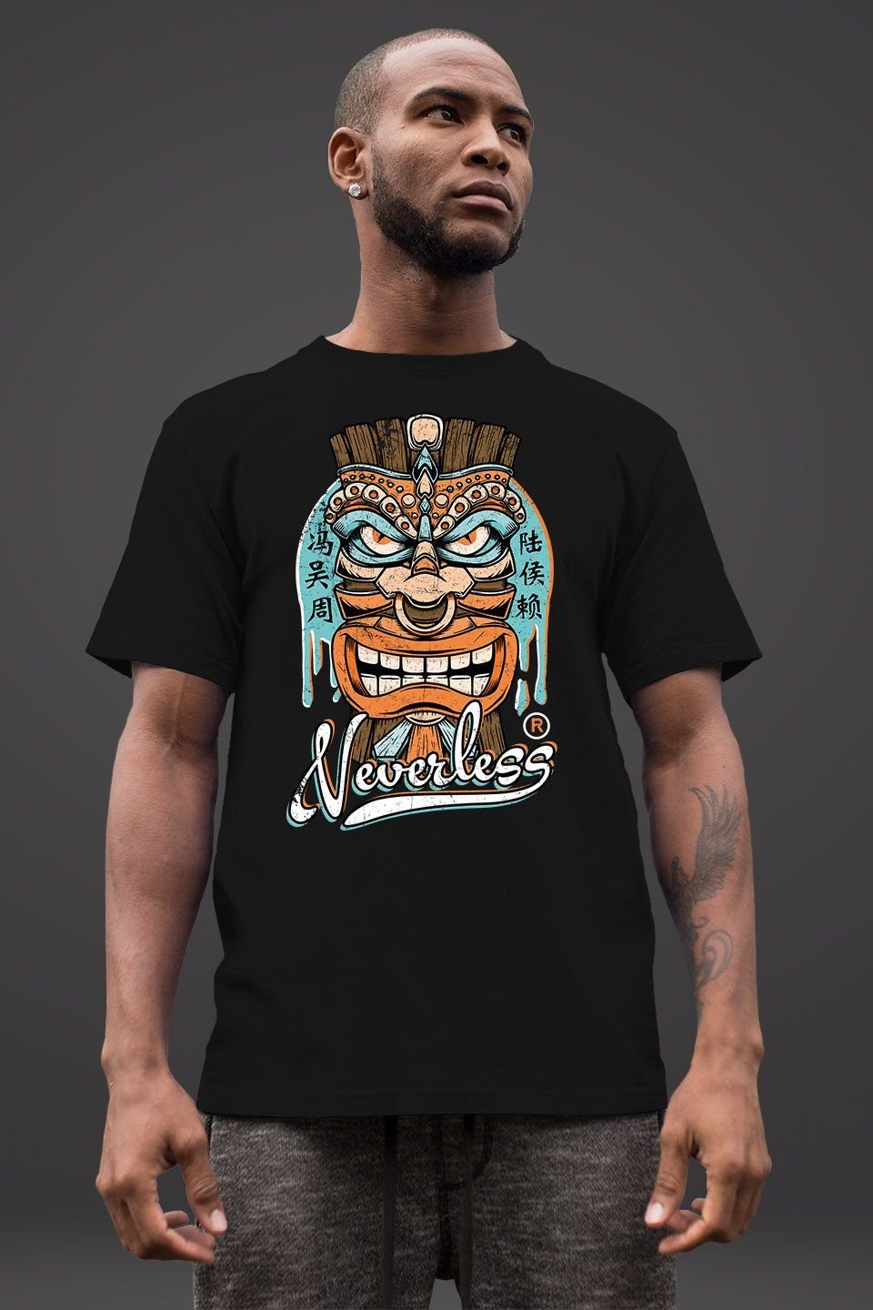 Neverless Print-Shirt Herren T-Shirt Tiki Maske Totem Figur Hawaii Fashion Streetstyle mit Print
