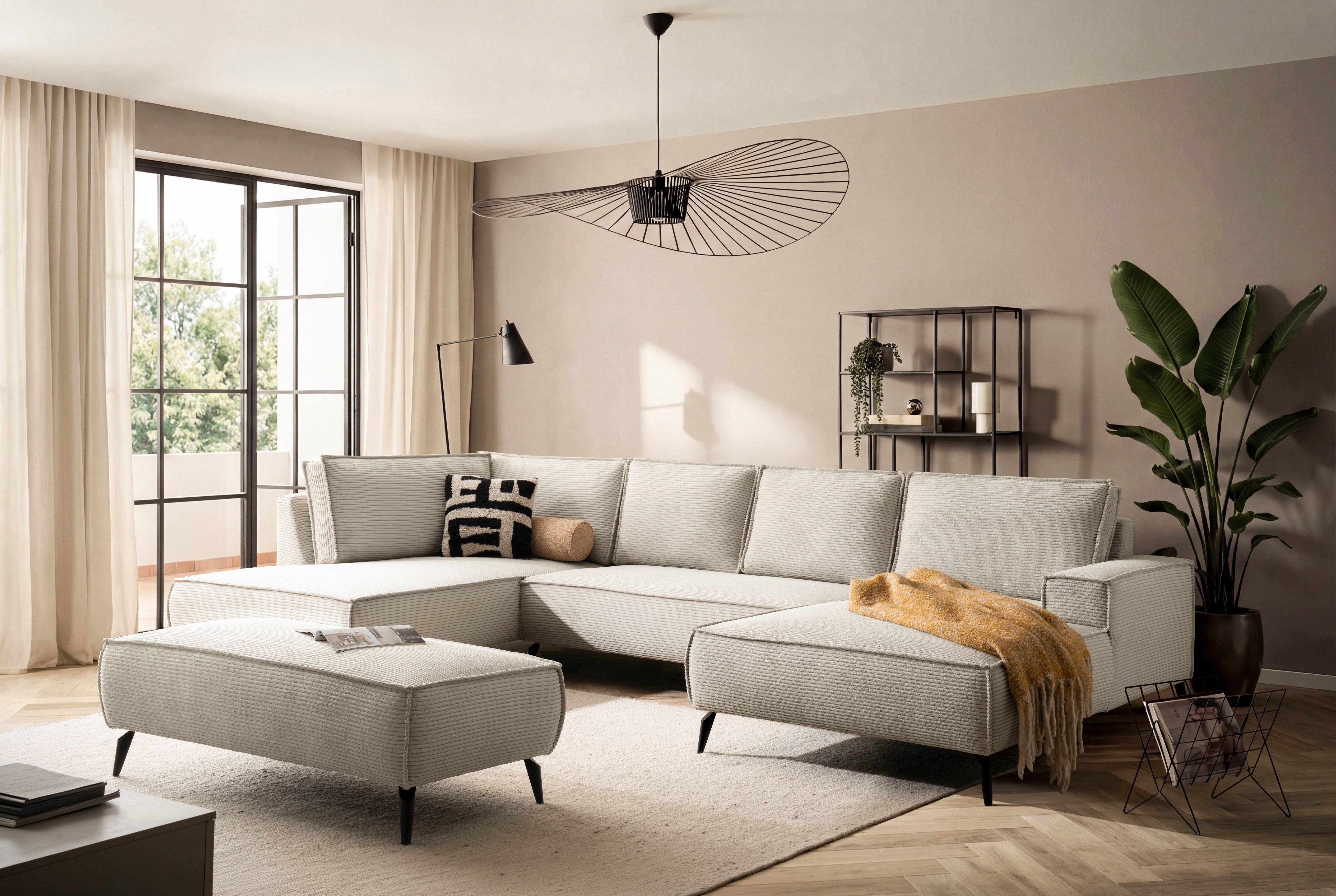 Home affaire Wohnlandschaft mit Hocker, TVINNU, moderne U-Form in Cord oder Leinenoptik, Set 2 Teile, Recamiere rechts/links, stellbar zum Schlafsofa (Krokodilverbinder)