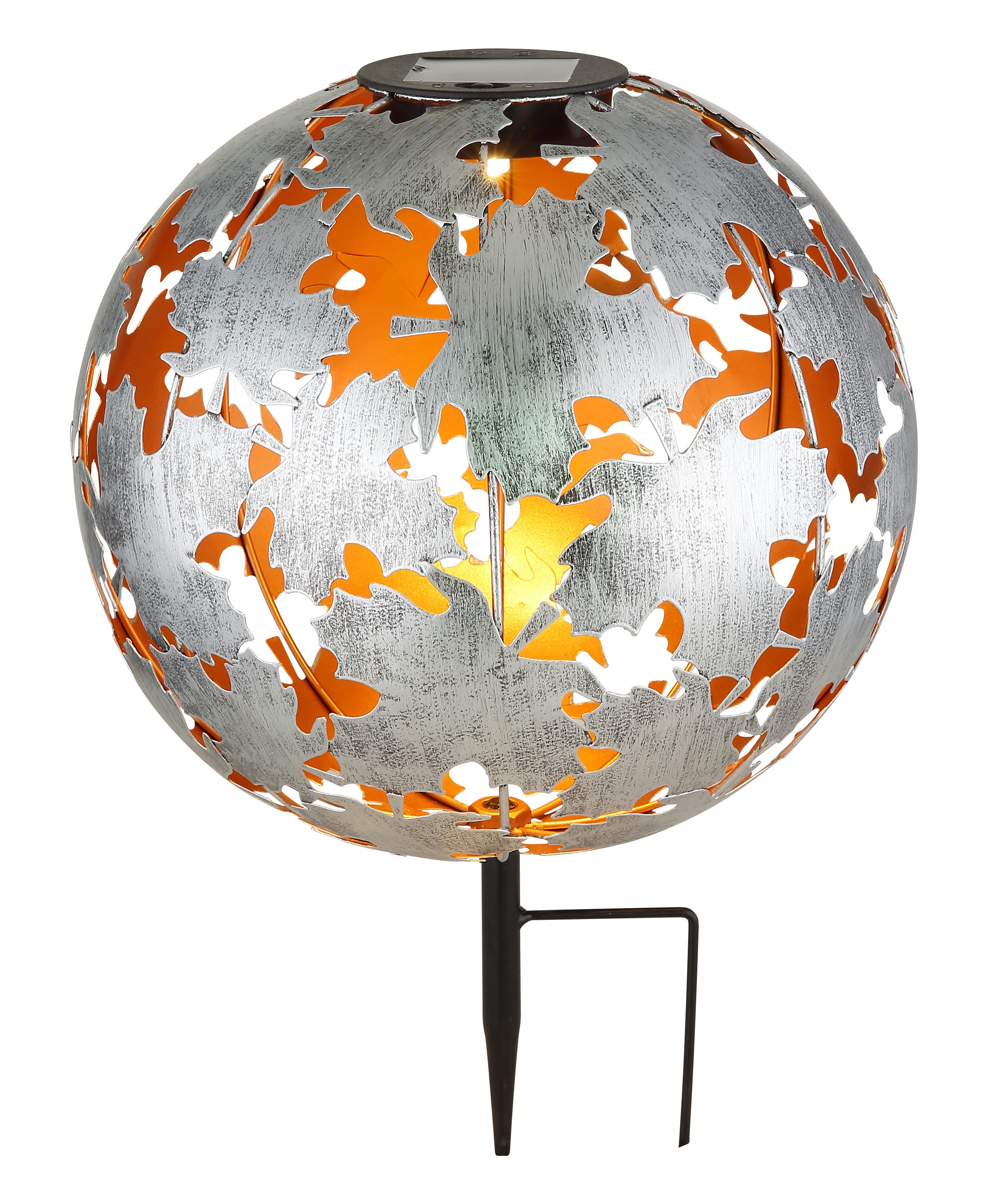 GLOBO LIGHTING LED Solarleuchte SOLARLEUCHTE METALL SILBERGRAU, 1XLED, LED fest integriert, Warmweiß, Solar/IP44/Ahornblätter/Kugel/3000K