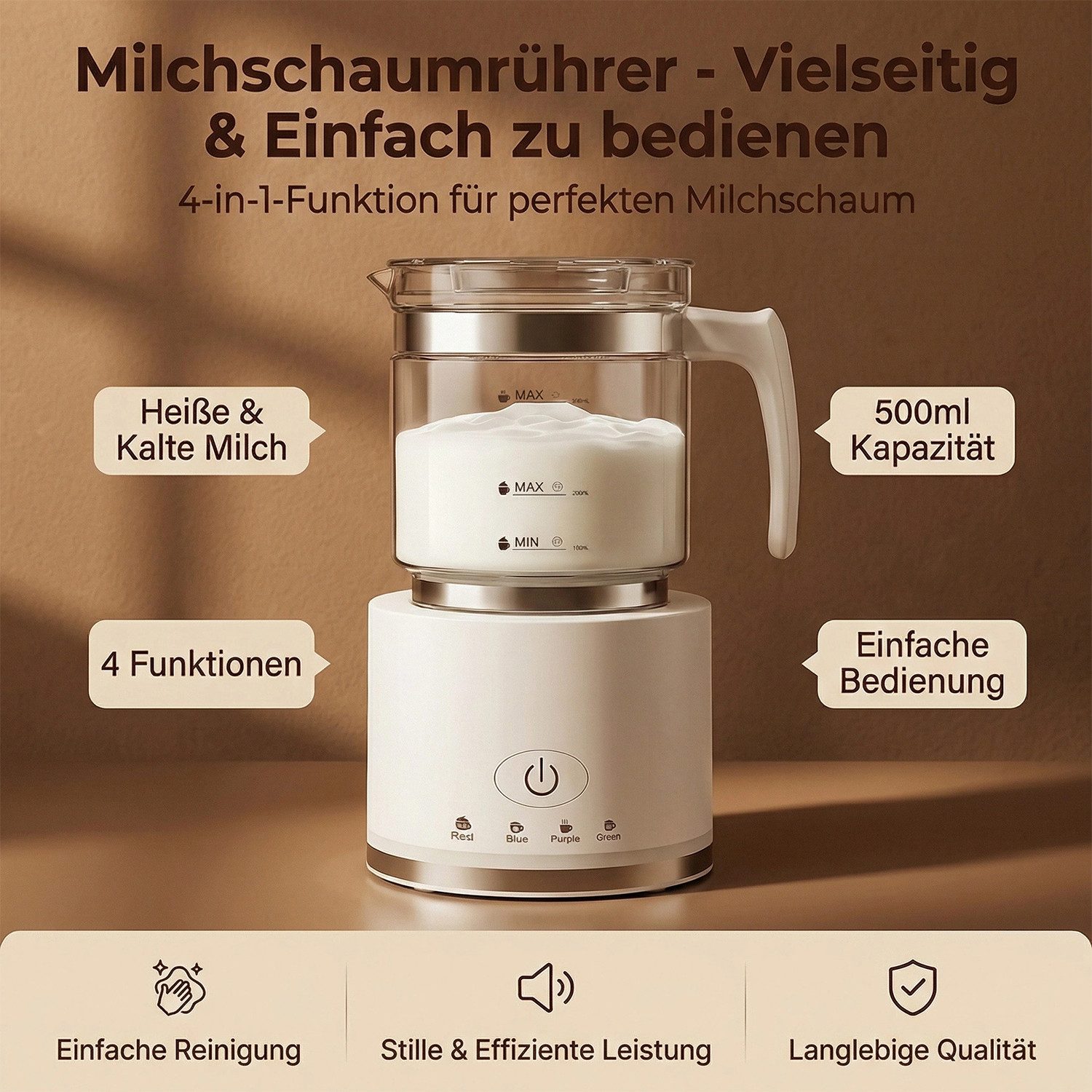 AKKEE Milchaufschäumer Elektrisch, 4 in 1 Milchschäumer für Heißer und Kalter, 500ml, 600 W