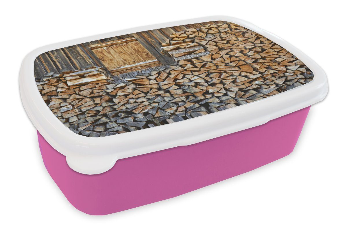 MuchoWow Lunchbox Brennholz für eine Holzwand, Kunststoff, (2-tlg), Brotbox für Erwachsene, Brotdose Kinder, Snackbox, Mädchen, Kunststoff rosa