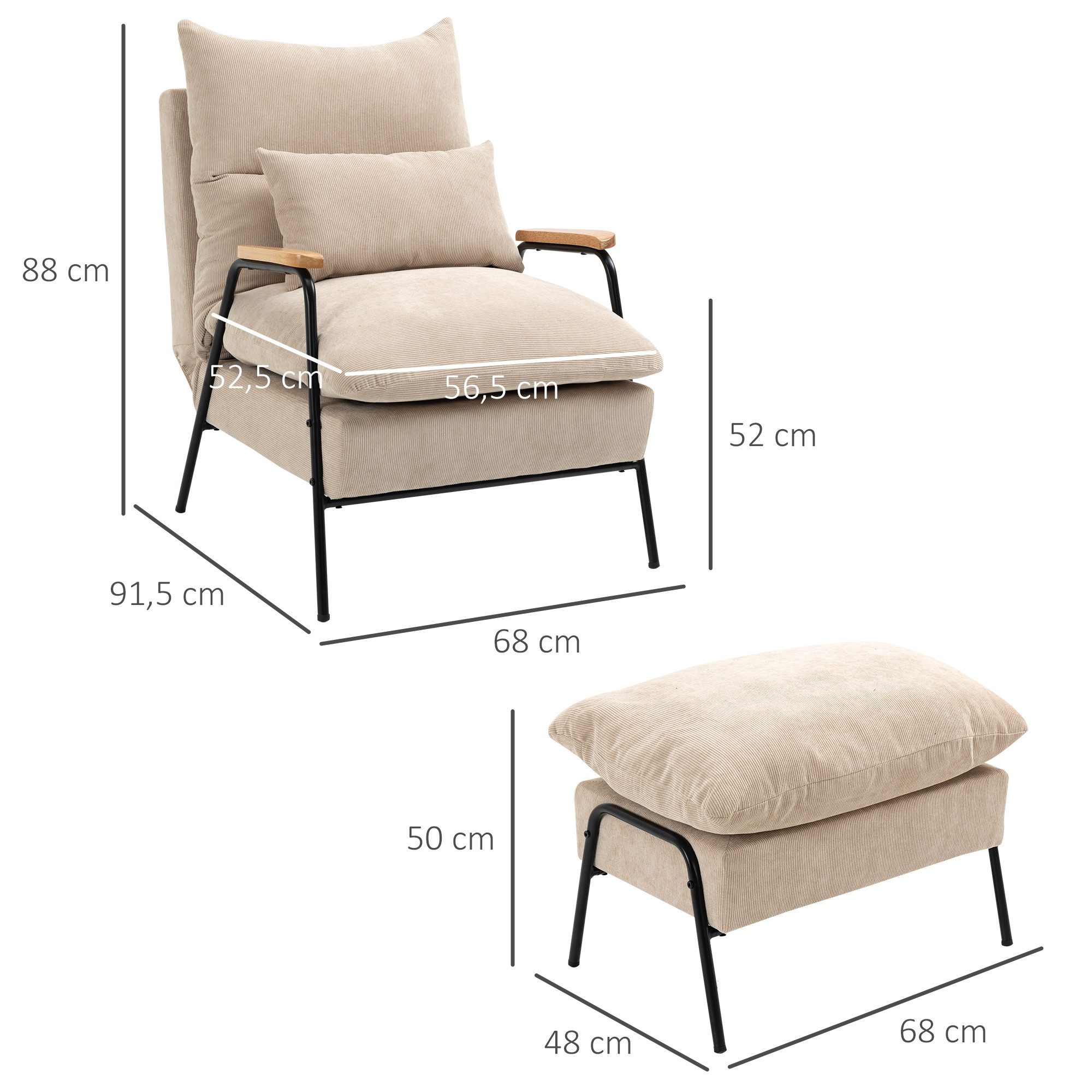 HOMCOM Relaxsessel Hocker Sessel mit verstellbarer Rückenlehne, Liegefunktion (Loungesessel mit Kissen, 2-St., TV-Sessel für Schlafzimmer, Wohnzimmer), 68 x 91,5 x 88 cm, Beige