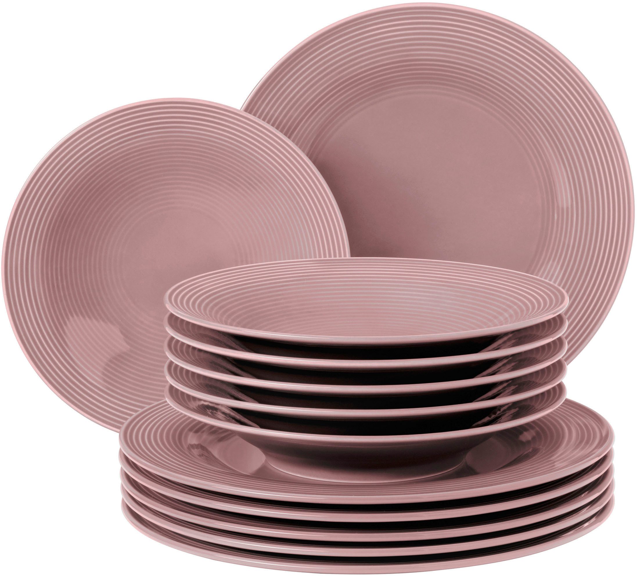Seltmann Weiden Tafelservice Geschirr-Set, 12 Teile, Beat Altrosa (12-tlg), 6 Personen, Porzellan, Teller Set, weiß, mit Rillendekor, 12 Teile, für 6 Personen