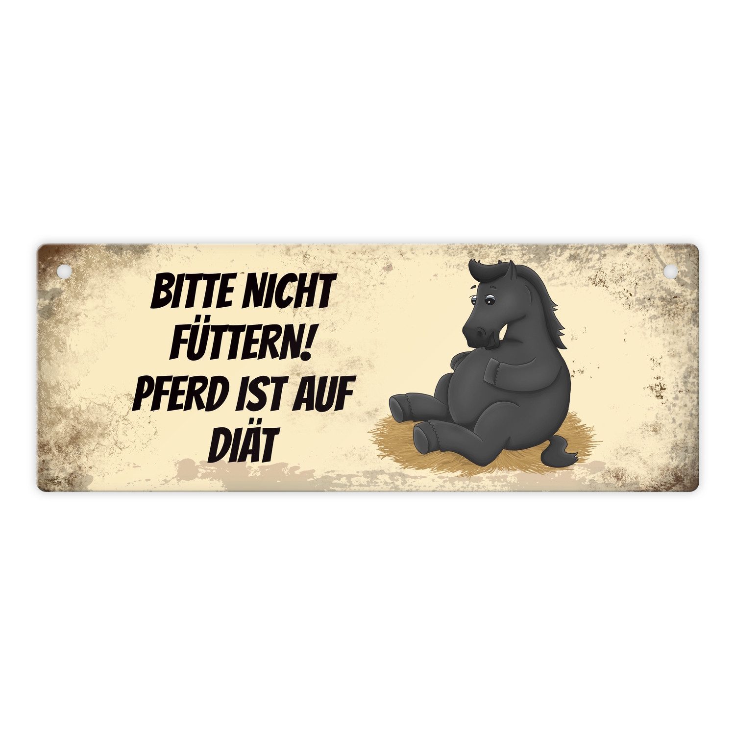 Metallschild Metallschild mit schwarzem Pferd Motiv und Spruch: Bitte nicht Diät