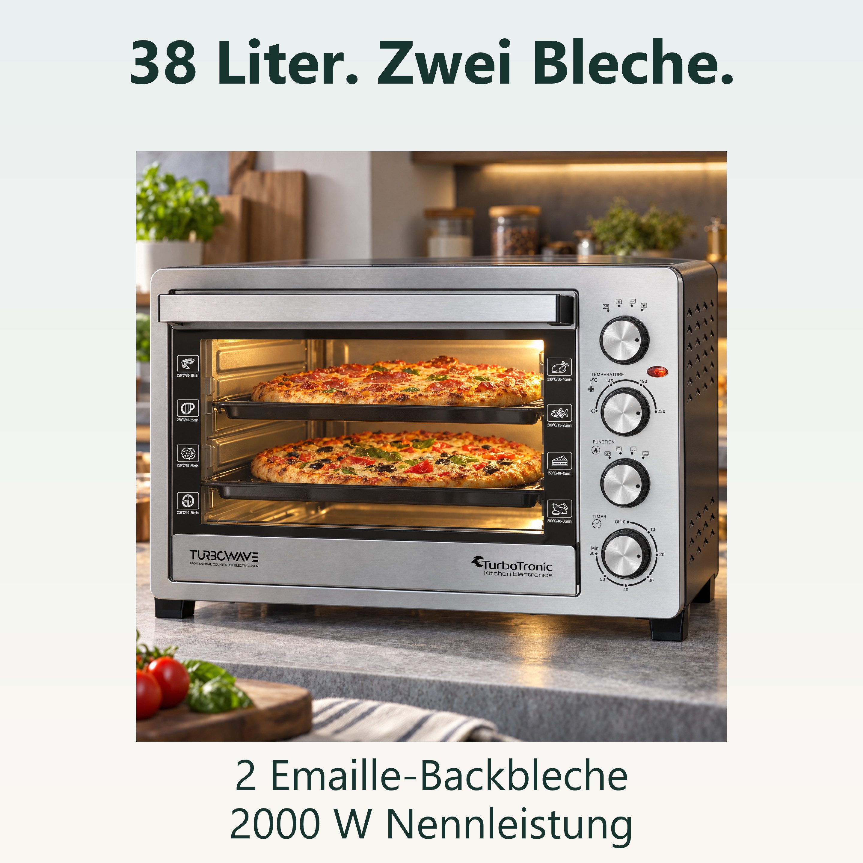 TurboTronic by Z-Line Minibackofen 2000 W 38 l Mini Backofen mit Umluft Drehspieß Grill Pizzaofen Timer, Tischbackofen mit Umluft, kleiner Backofen, Mini Ofen,  – Bild 2 von 5