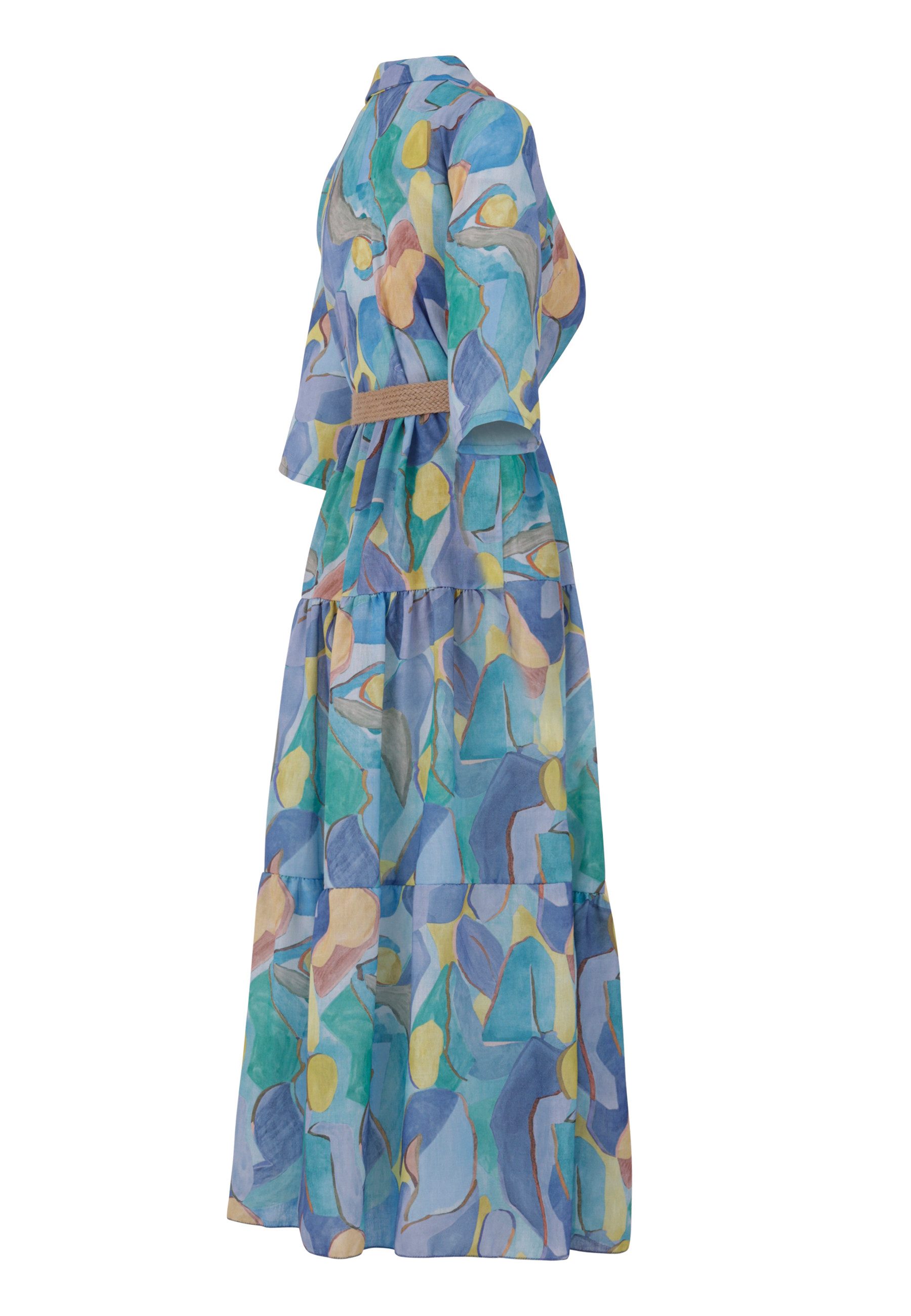 YC Fashion & Style Maxikleid Leinenkleid mit Bindegürtel & Stufenrock mit Alloverdruck