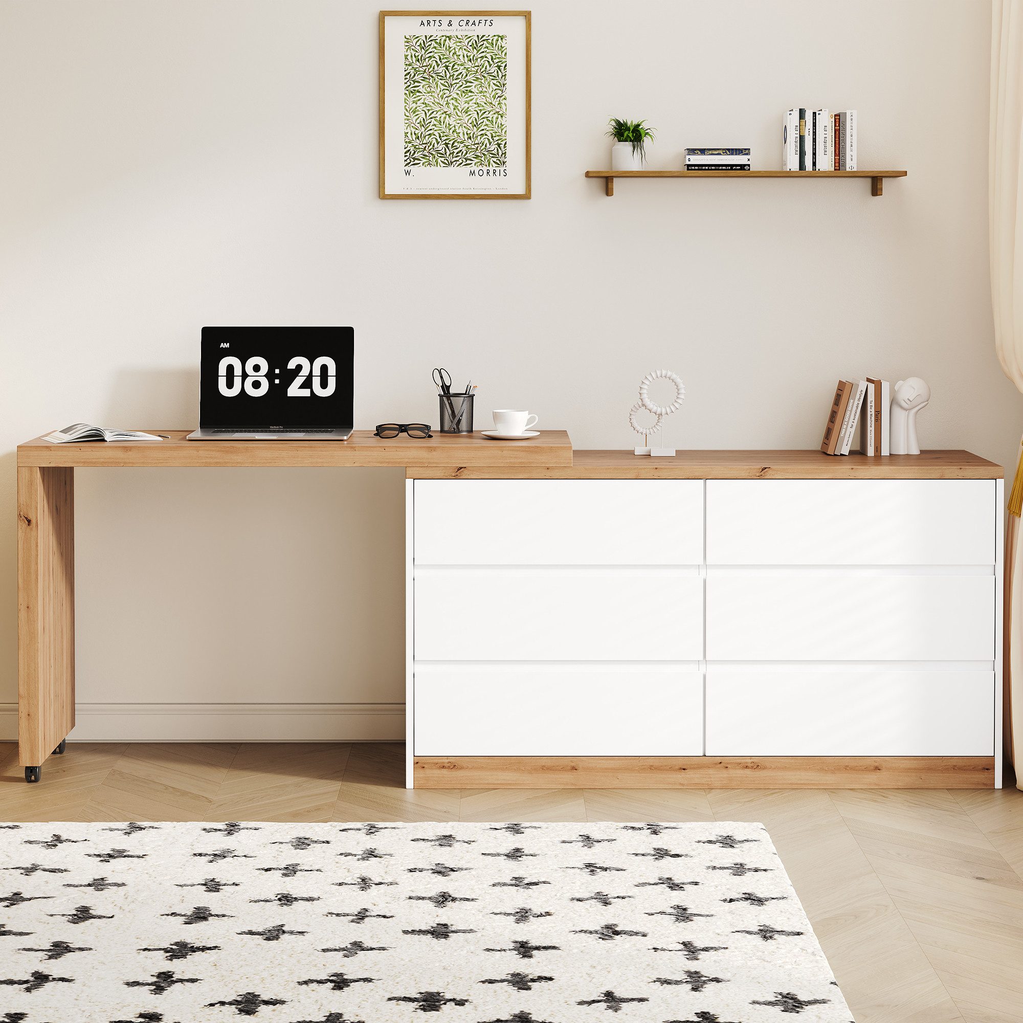 Merax Eckschreibtisch 2-in-1 Schreibtisch mit 6 Schubladen (1-St., auf feststellbaren Rollen), Drehbarer Bürotisch, Sideboard, Computertisch