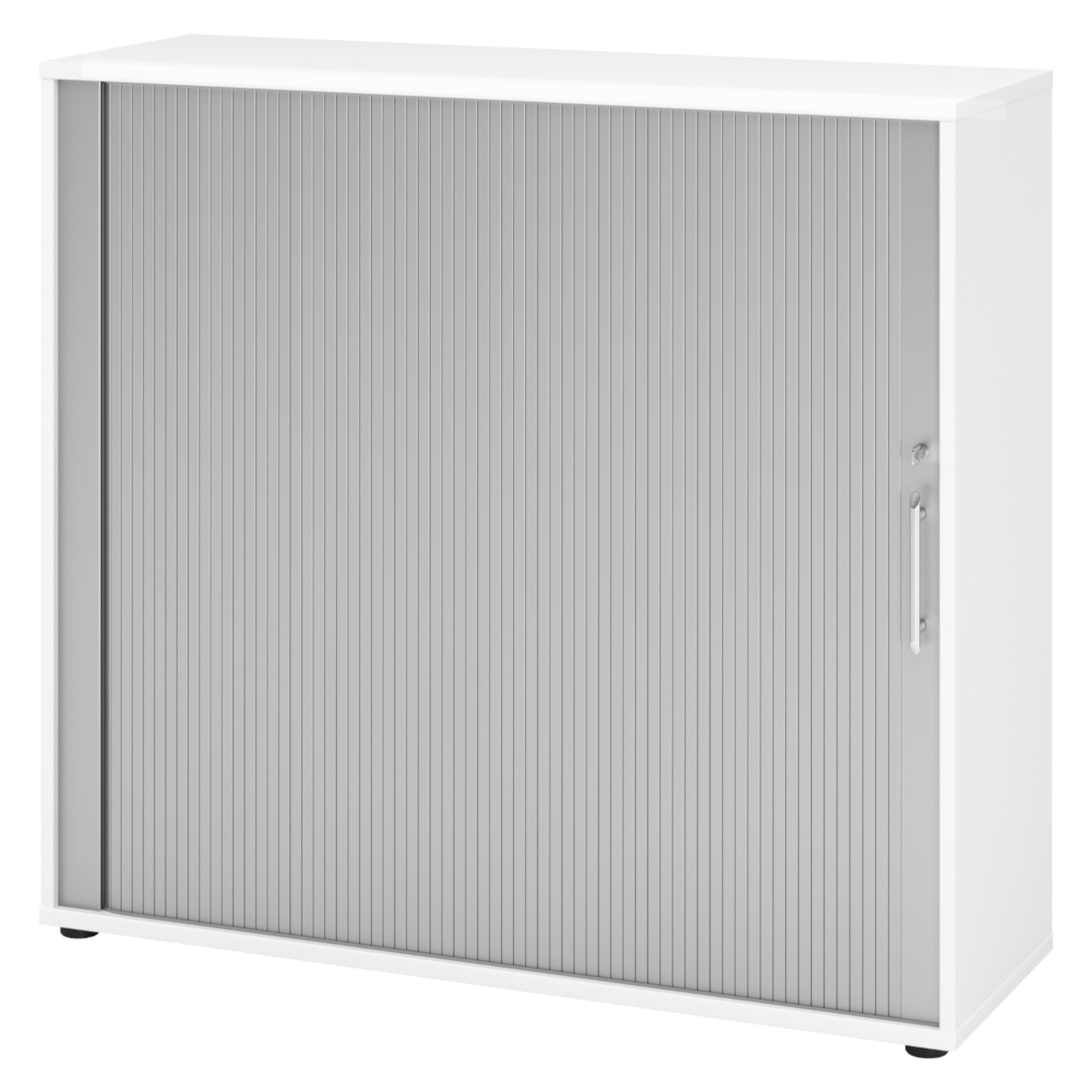 bümö Aktenschrank Rollladenschrank office - 3 Ordnerhöhen Dekor: Weiß/Silber - Griffe: Relinggriff (Kunststoff)