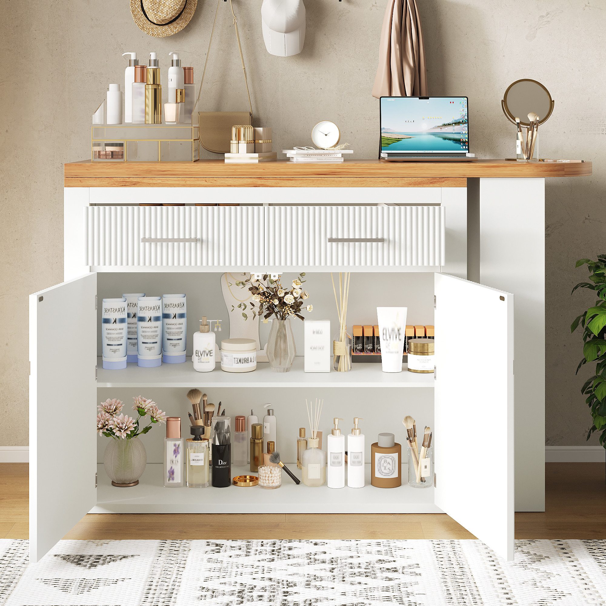 Flieks Bartisch 360° drehbar Esstisch mit Rollen & Kommode mit 2 Schubladen und Türen (Tischplatte in Holzoptik, Länge 137-215x39 cm, 2-St., 2er Set), beweglicher Stehtisch mit Ablagen Mehrzweckschrank Weiß