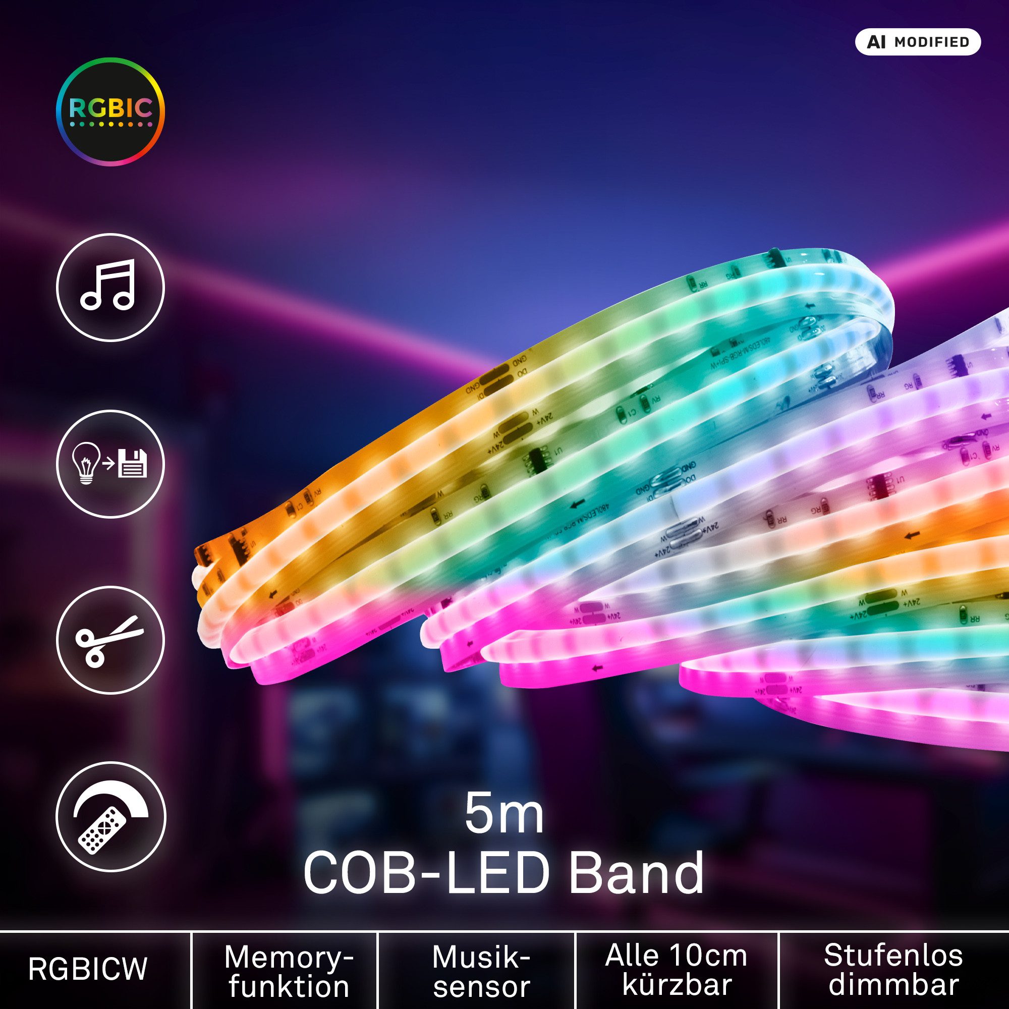 Briloner Leuchten LED-Streifen COB LED Strip Dimmbar Fernbedienung Selbstklebend Kürzbar, 1-flammig, 5 m, Wohnzimmer, Schlafzimmer, Flur