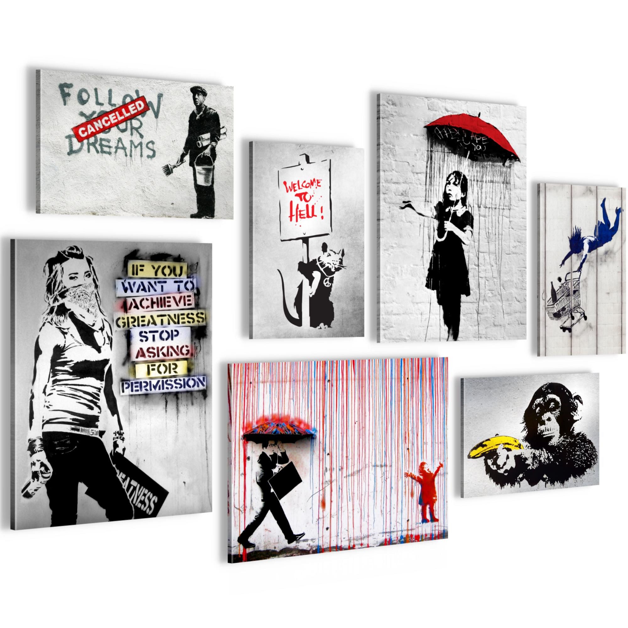 Novart Wandbild Banksy Collage Street Art Wohnzimmer Loft Dekoration, Collage (7 St)