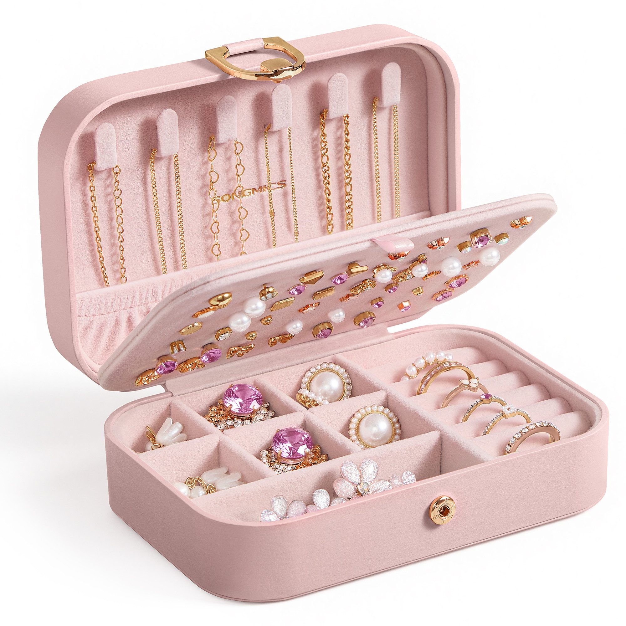 SONGMICS Schmuckkasten Schmuck Organizer mit 5 Fächern, Reise Schmuckbox, Samtfutter, Geschenk, 16 x 11 x 5,3 cm