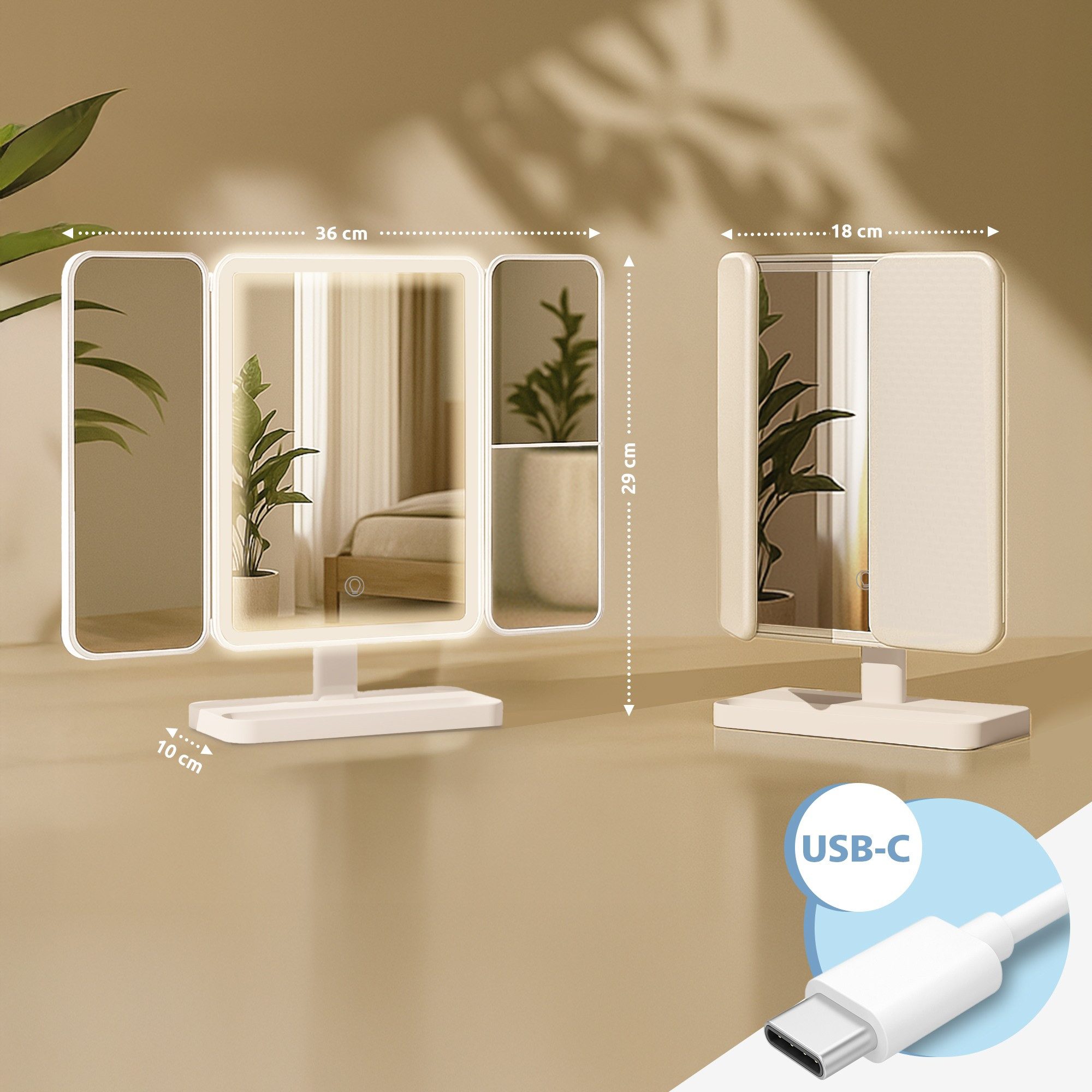 CLP Schminkspiegel Otley (1er), LED, Vergrößerung 1X/2X/3X, USB-C-Kabel