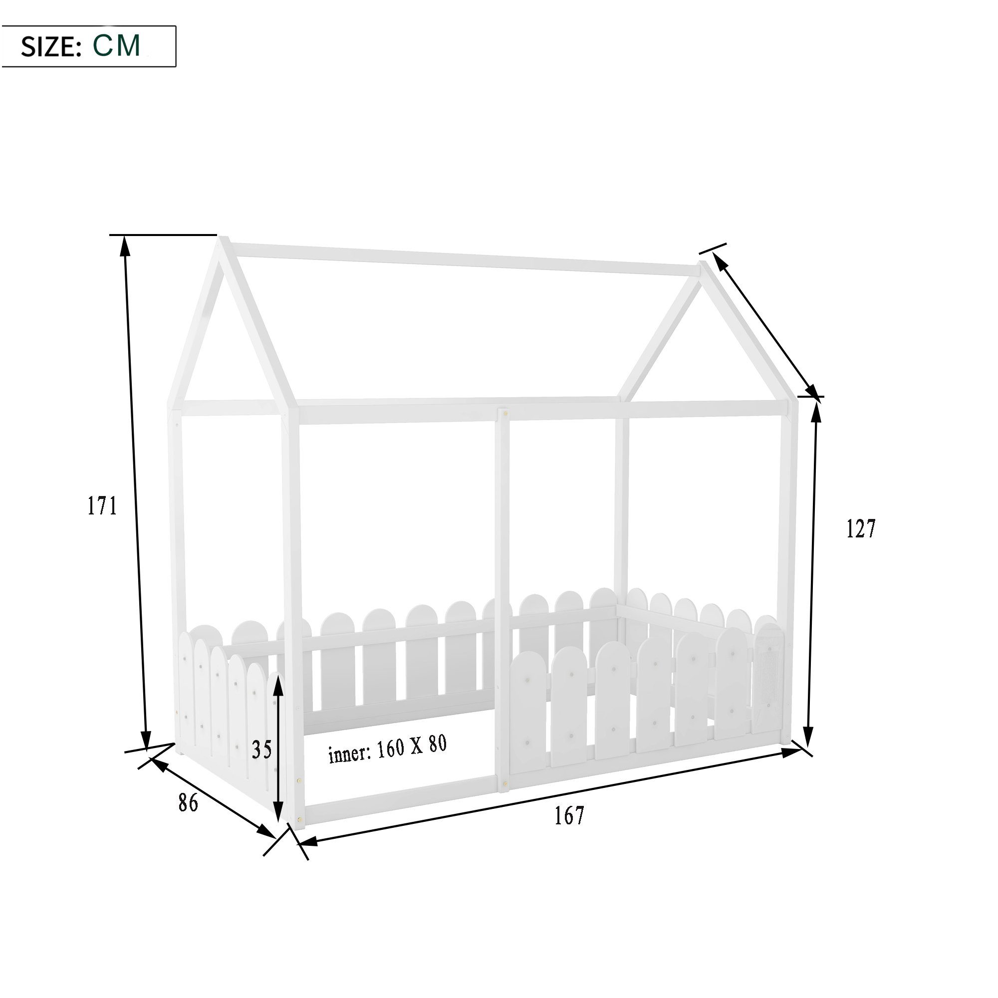 WISHDOR Kinderbett Kinderhaus Bett WeißB 80x160 (nur Jugendbett Bett Kinder Holzbett mit Massivholzbett Rausfallschutz), Matratze ohne Hausbett